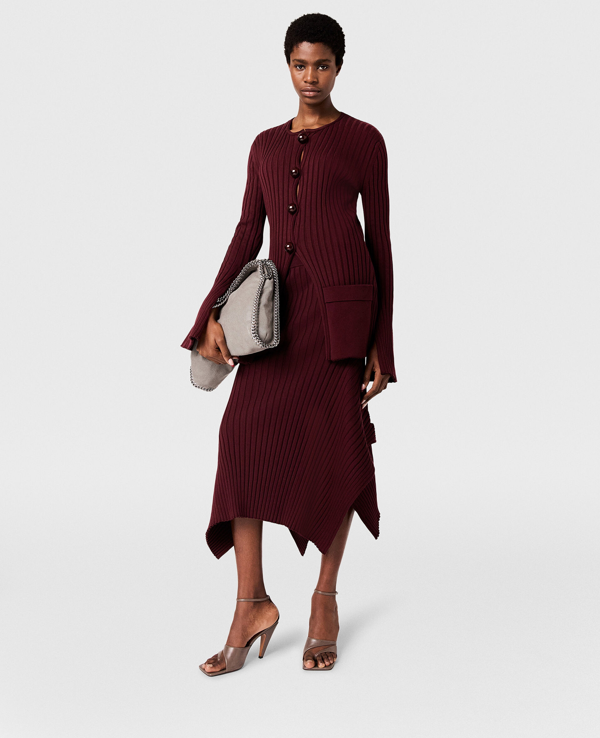 Knit Kick-Flare Midi Skirt-Red-model