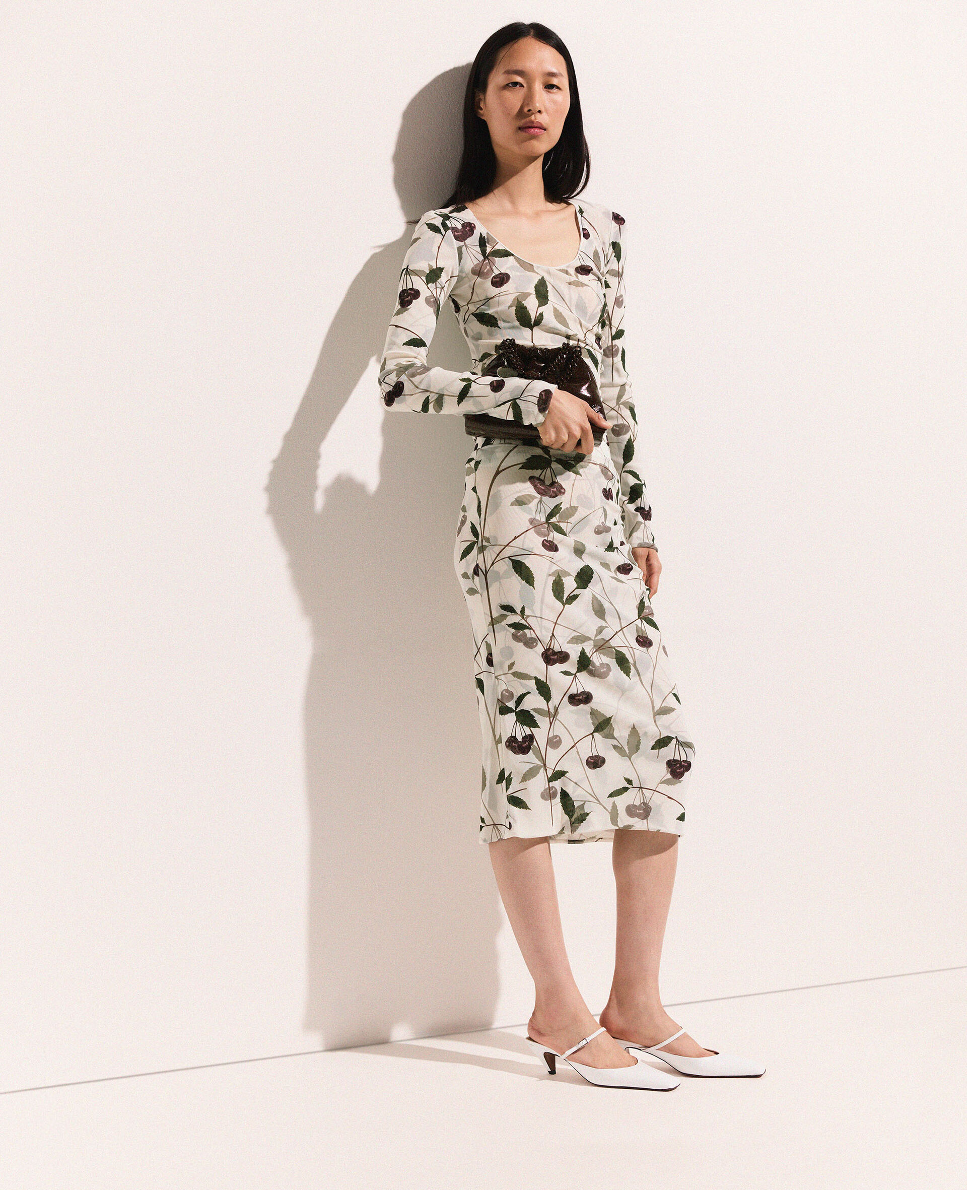 Cherry Print Midi Skirt-Beige-model