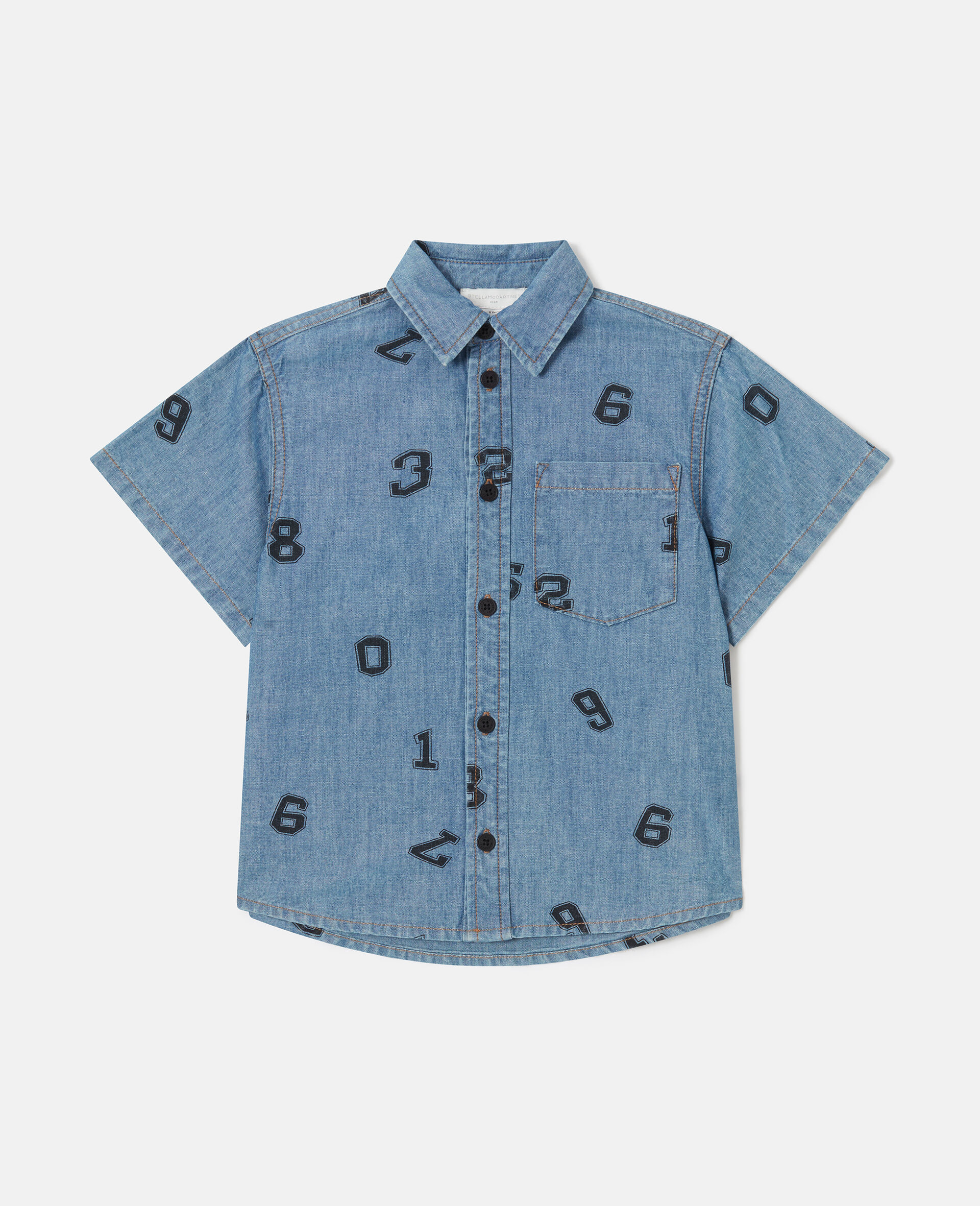 Numbers Print Denim Shirt-Blue-medium