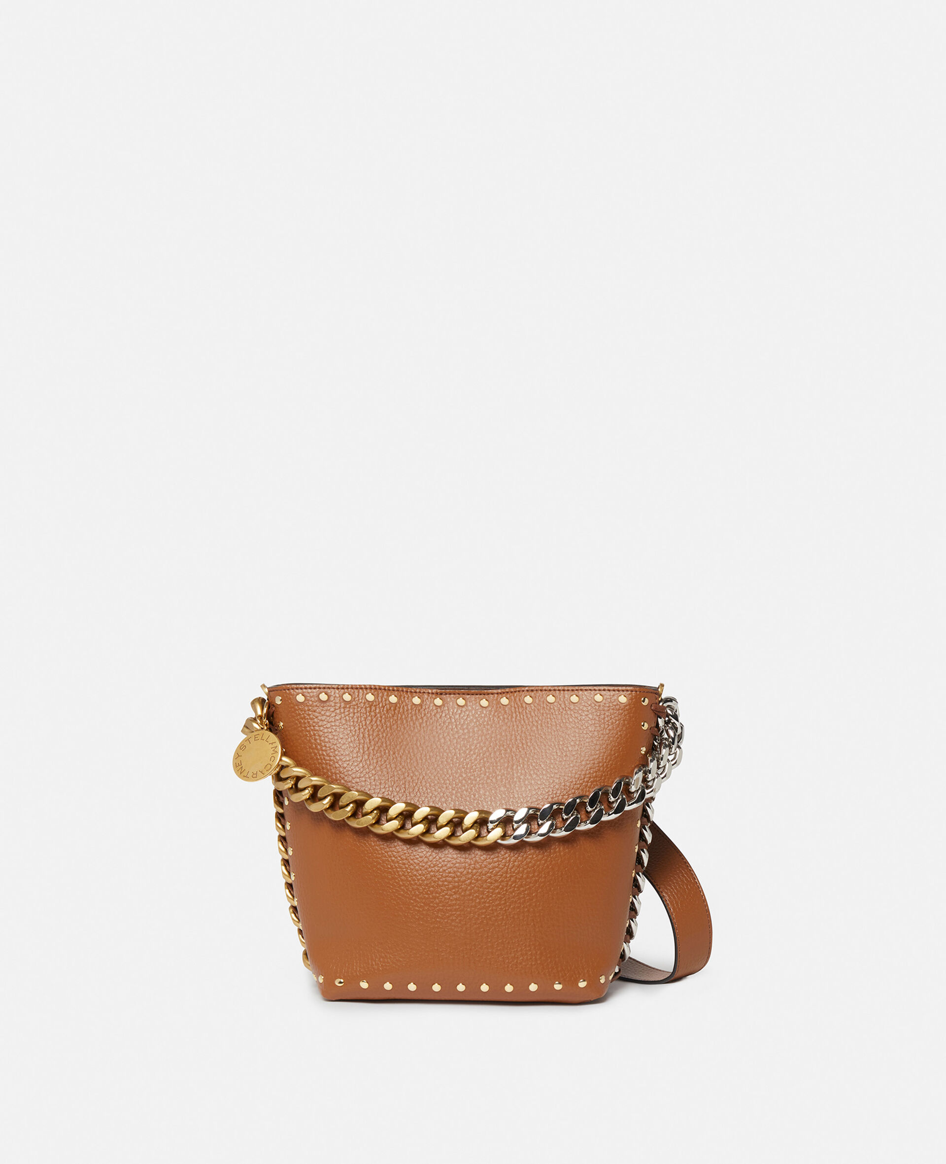 Frayme Bucket Bag aus genarbtem Alter Mat mit Nietenbesatz-Brown-medium