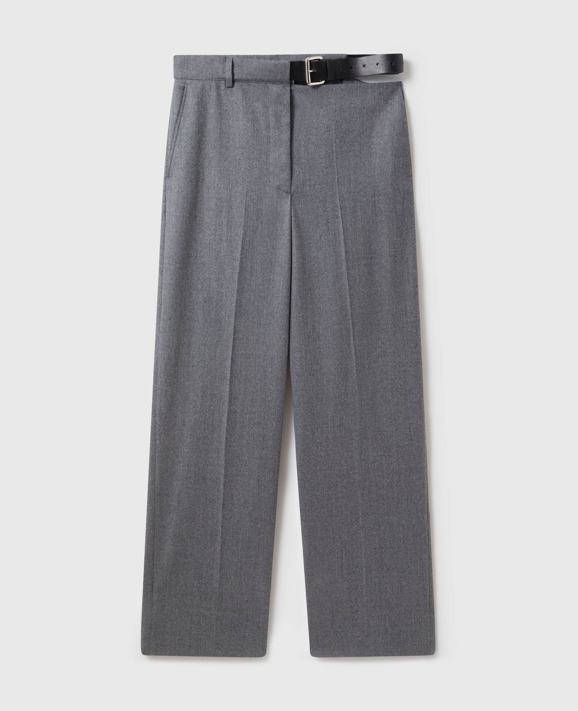Belted Flannel Straight-Leg Trousers-Grey-large image number 0