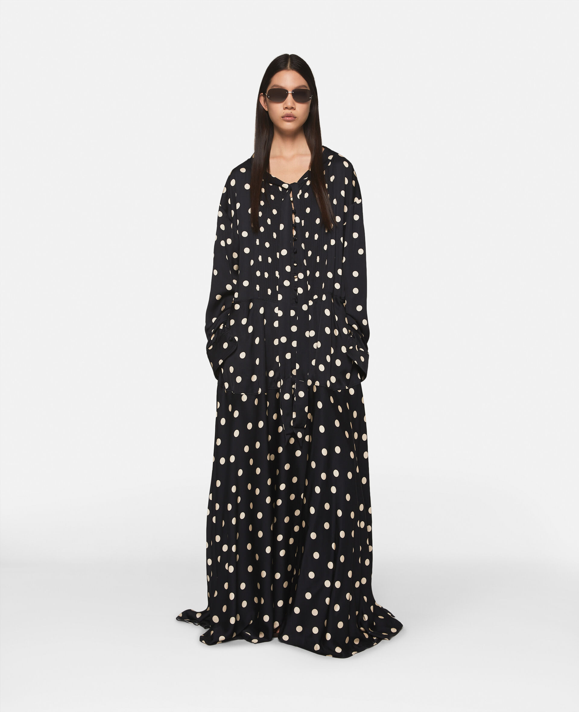 Long-Sleeve Polka Dot Maxi Dress-Black-model