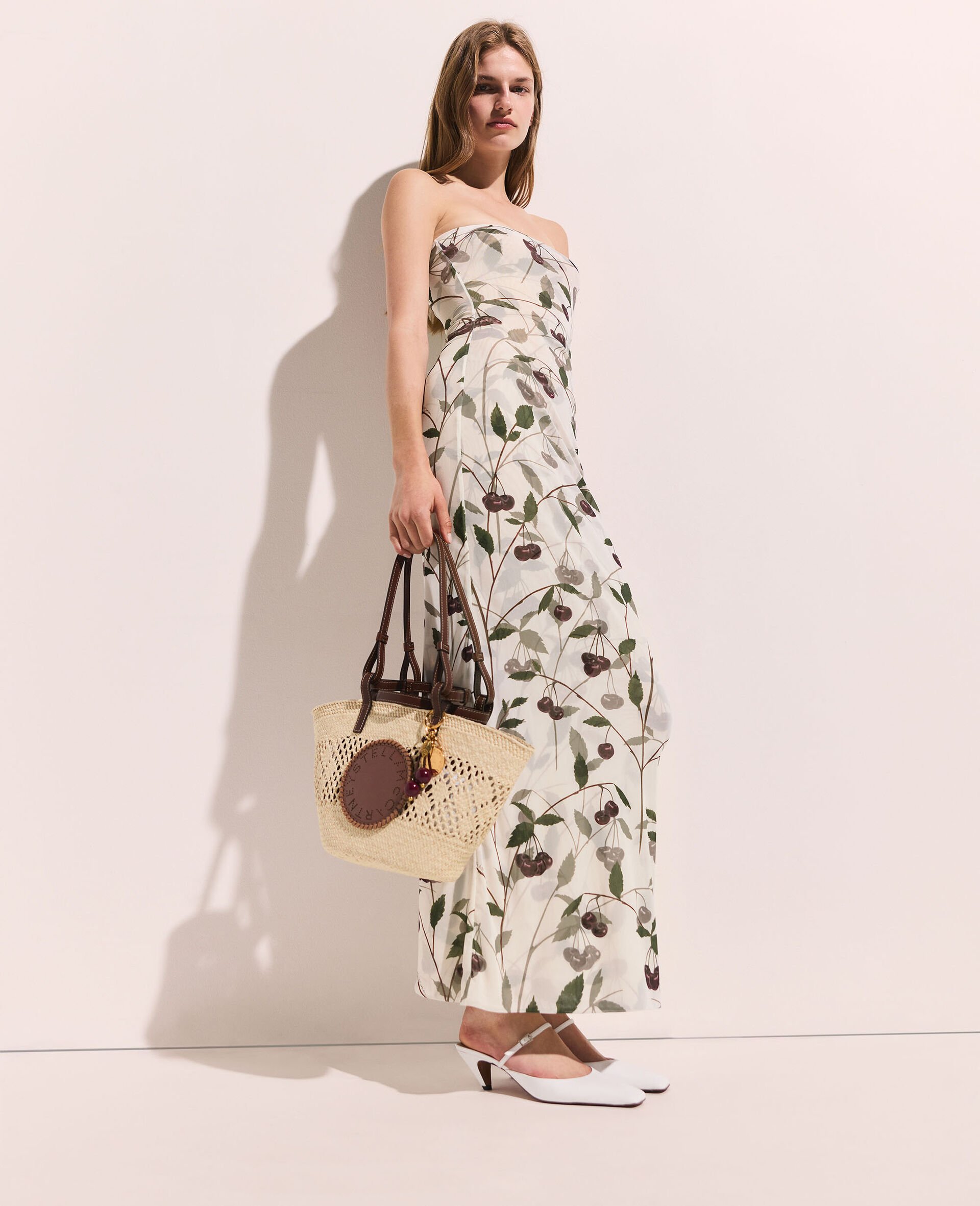 Cherry Print Mesh Strapless Midi Dress-Beige-model