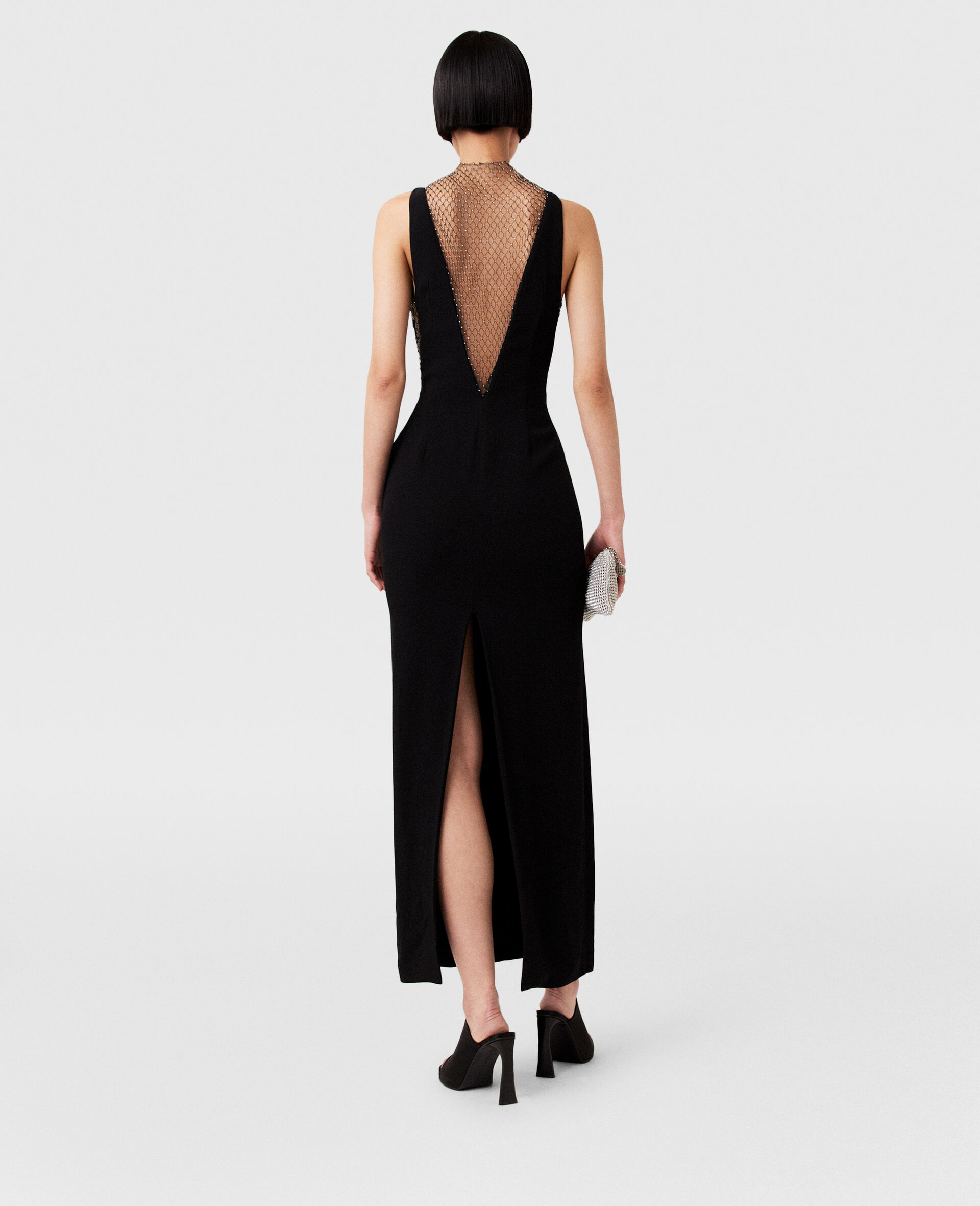 Crystal Mesh Deep V Midi Dress-Black-large image number 4