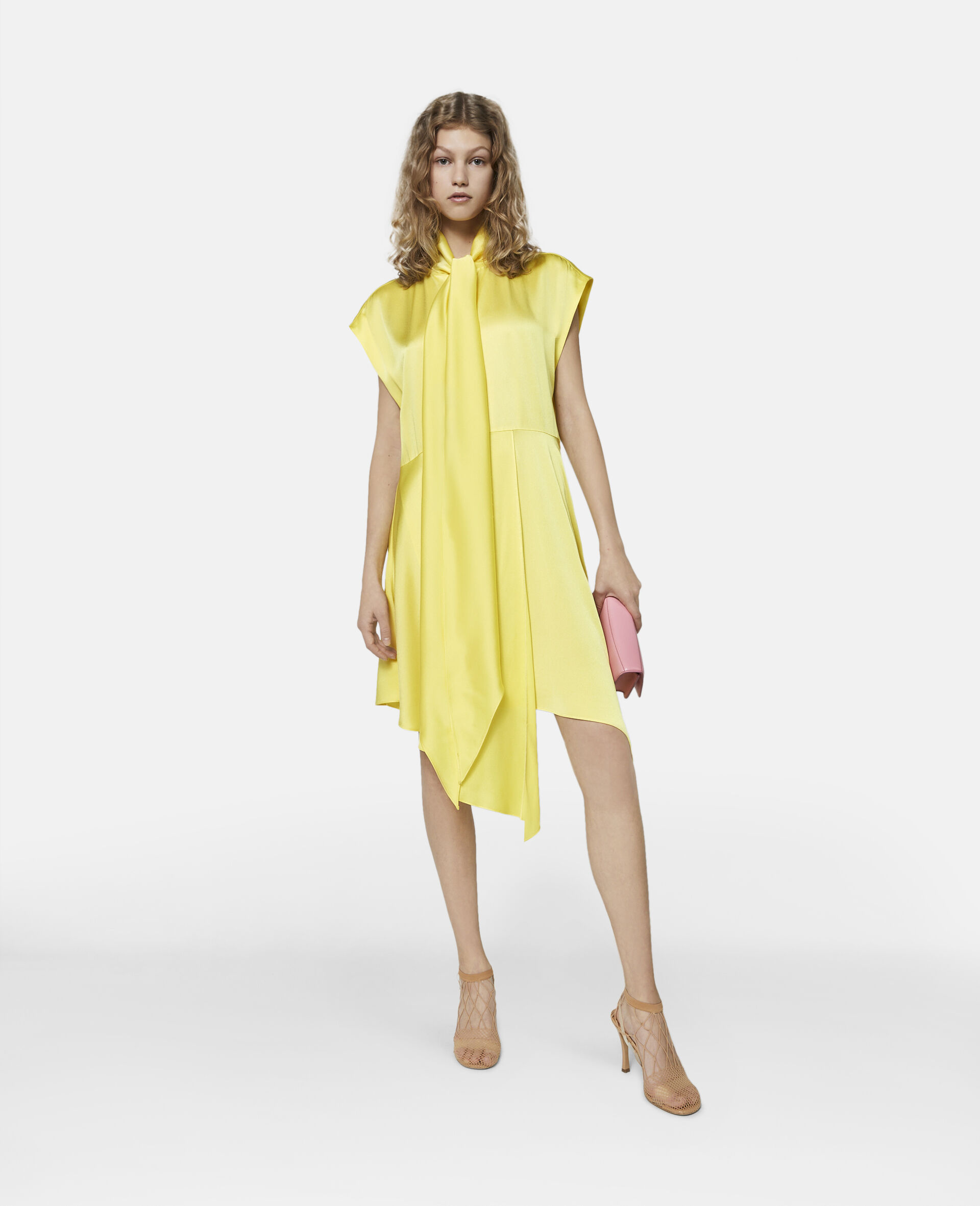 Silk Asymmetric Shirt Dress-Yellow-large image number 1