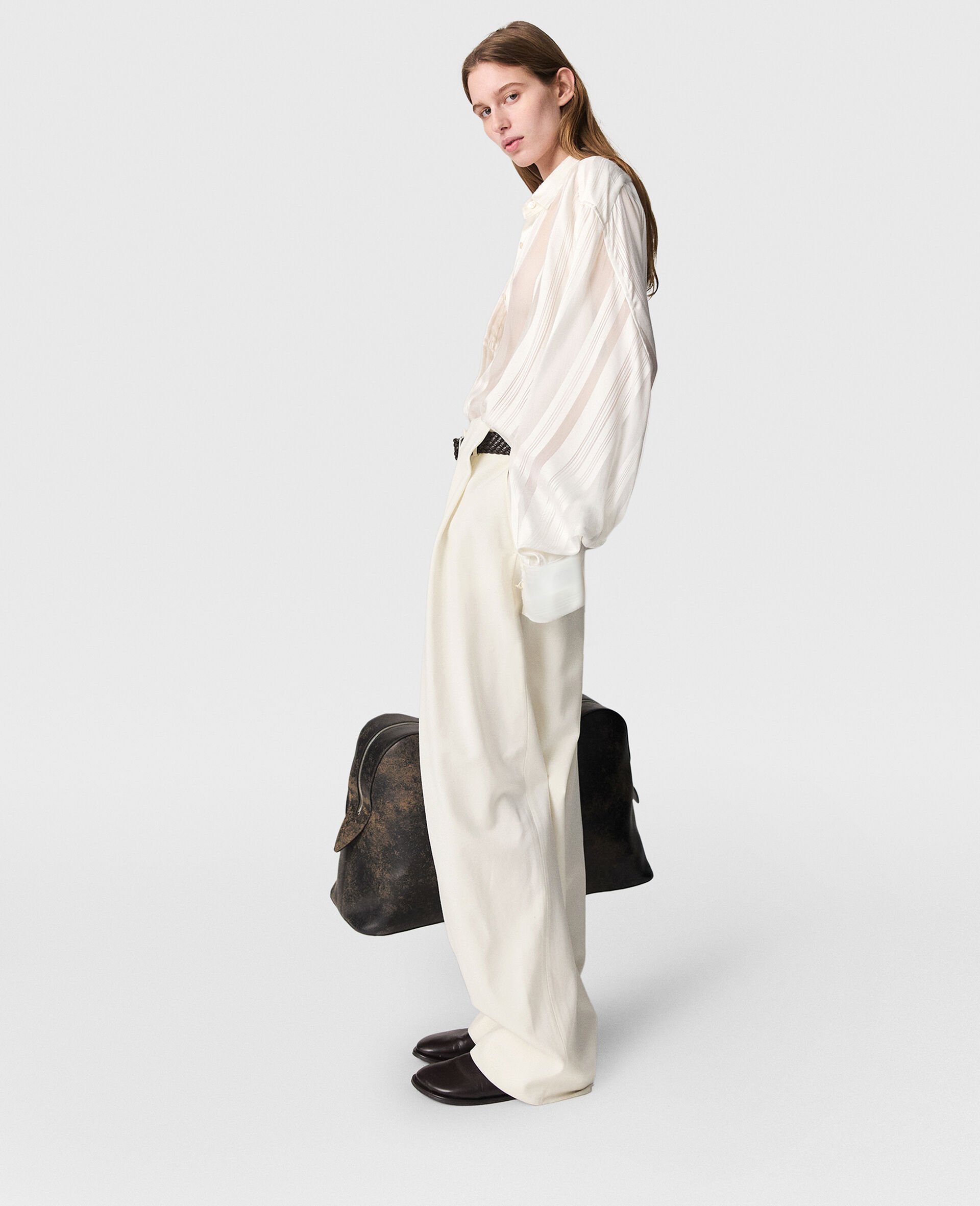 Oversized Sheer Striped Paneled Shirt-White-large image number 2