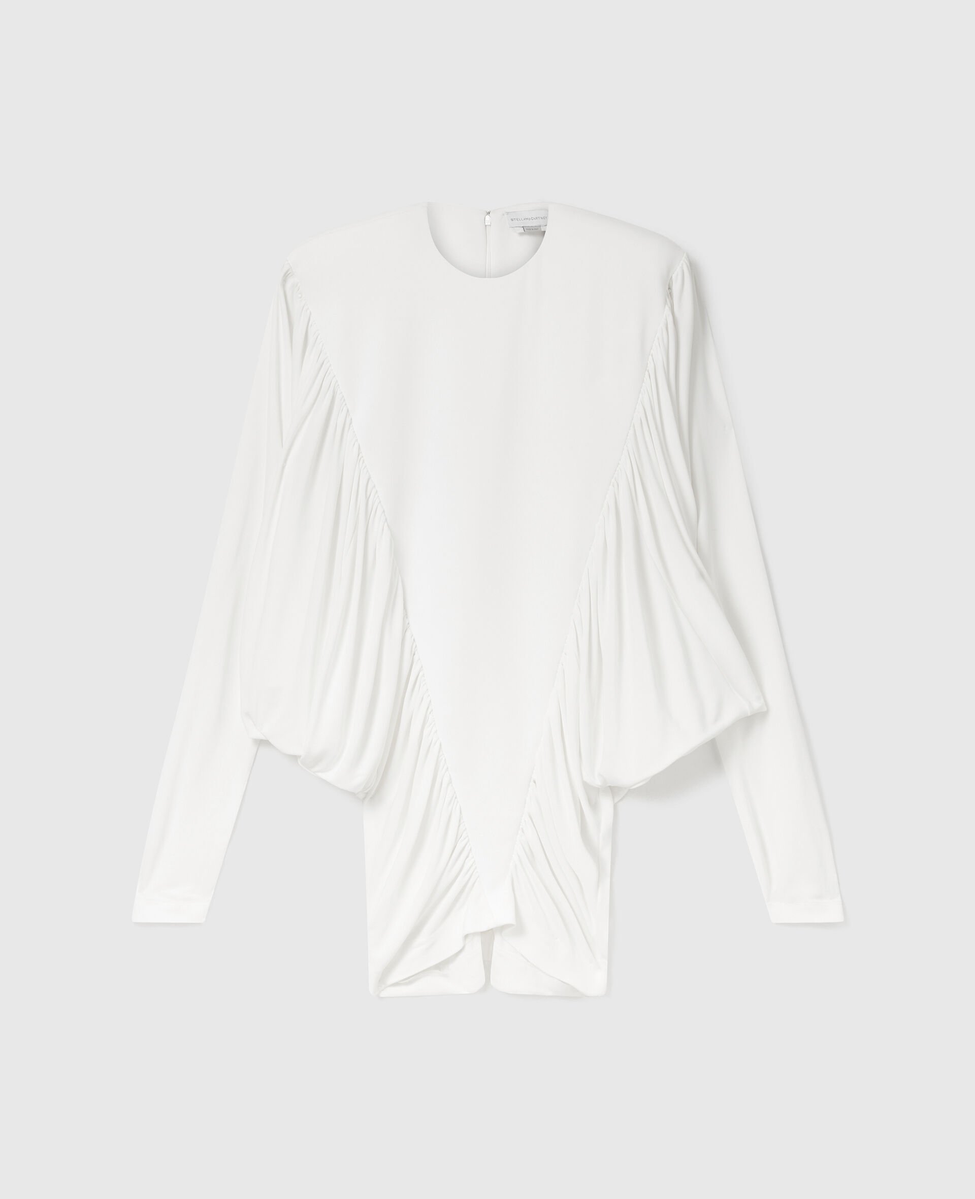 Pleated Crewneck Long-Sleeve Mini Dress-White-medium