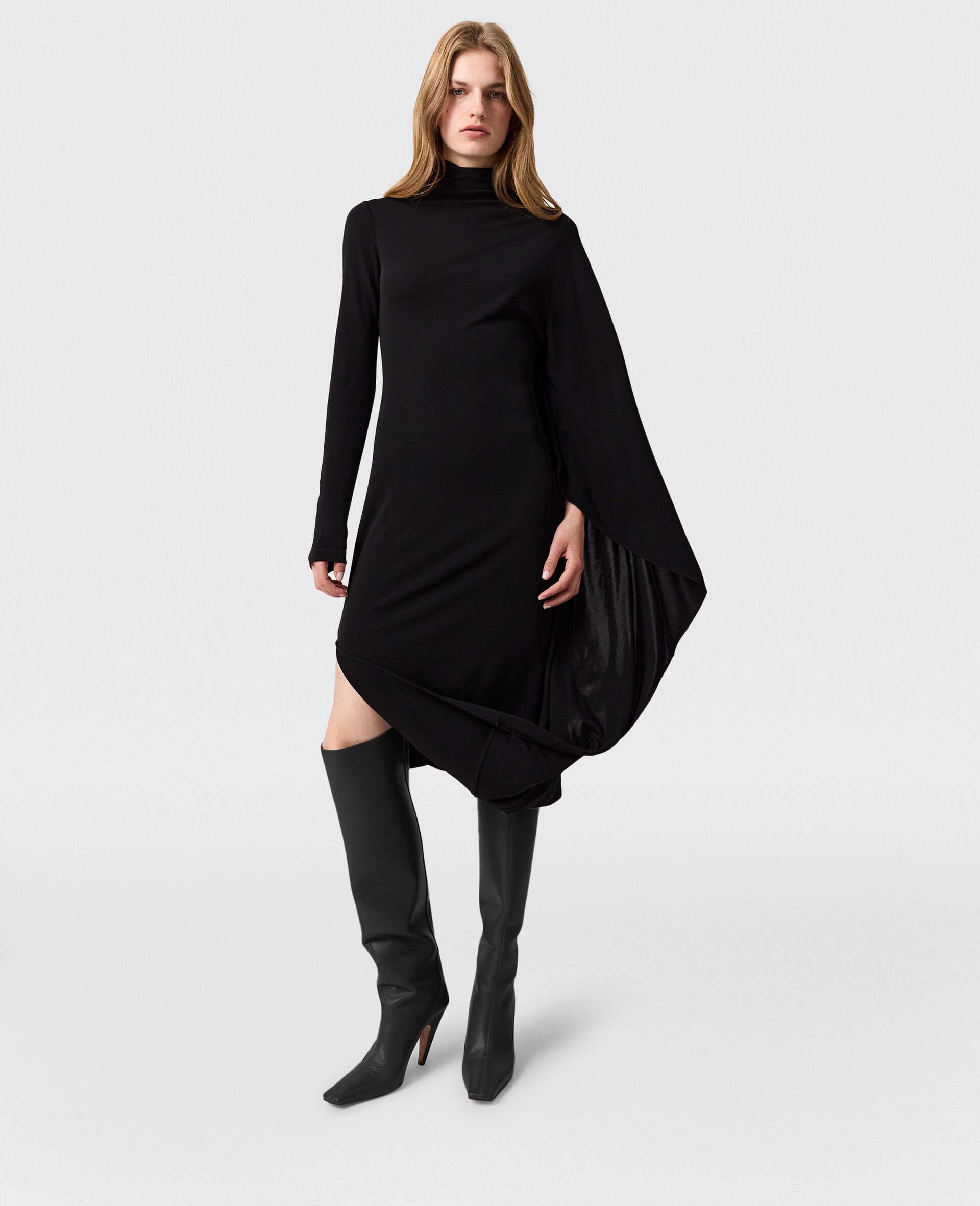 Asymmetric Cape Midi Dress-Black-model