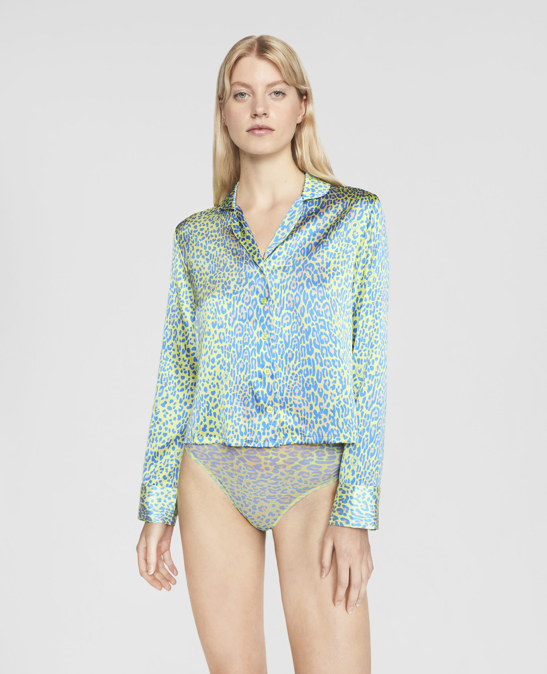 Leopard Print Cropped Shirt-Grey-large image number 1