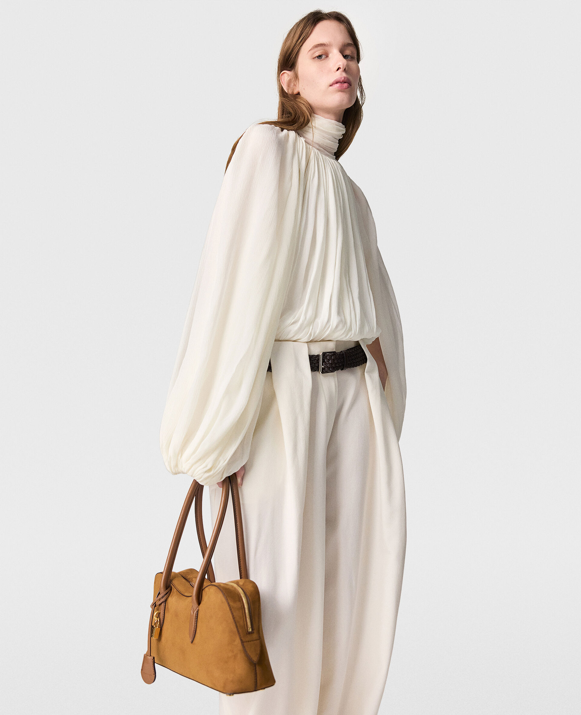 Pleated Baloon Sleeve Top-White-large image number 5