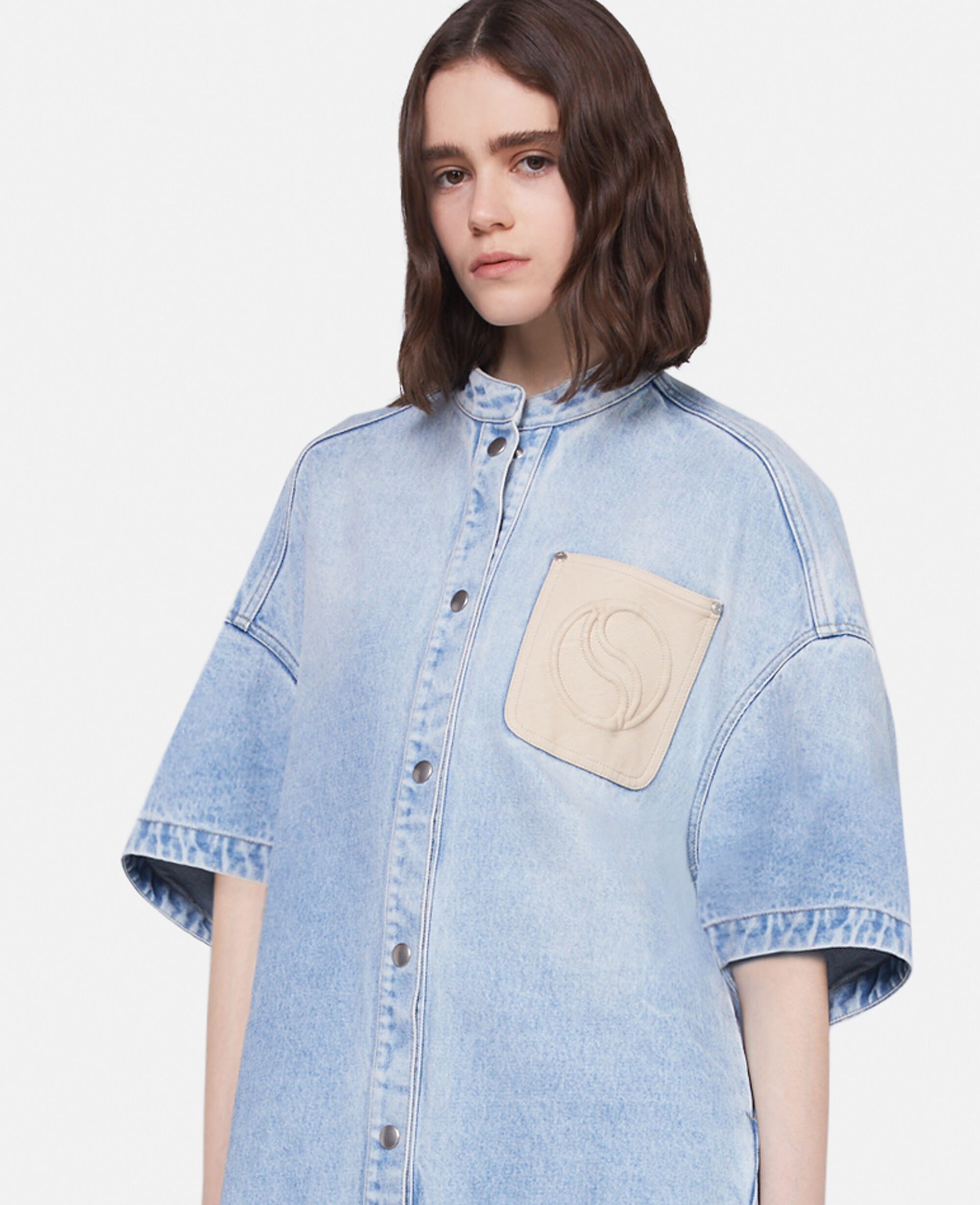 Collarless deals denim dress