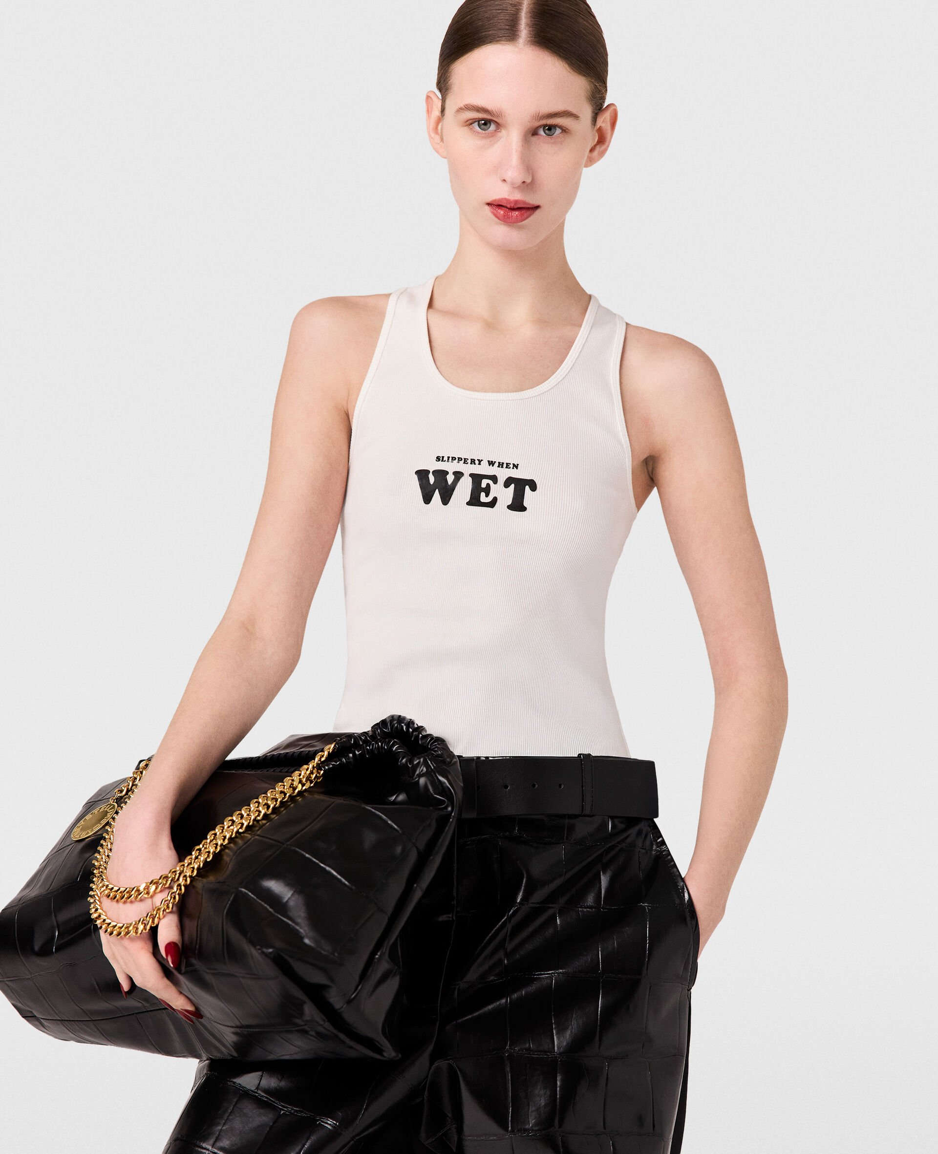 Slippery When Wet Racerback Tank Top-White-model