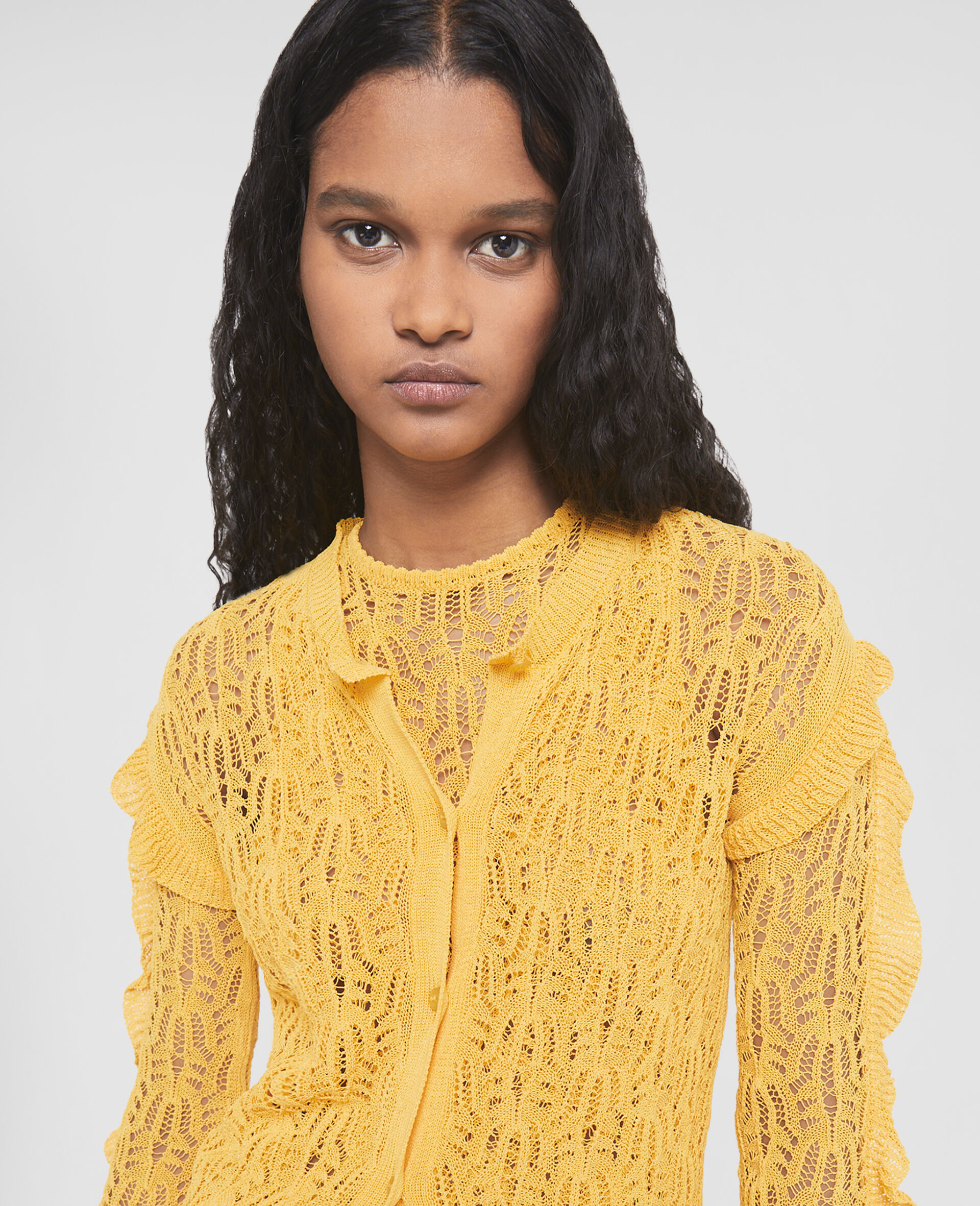 Pointelle Knit Cardigan-Yellow-large image number 3