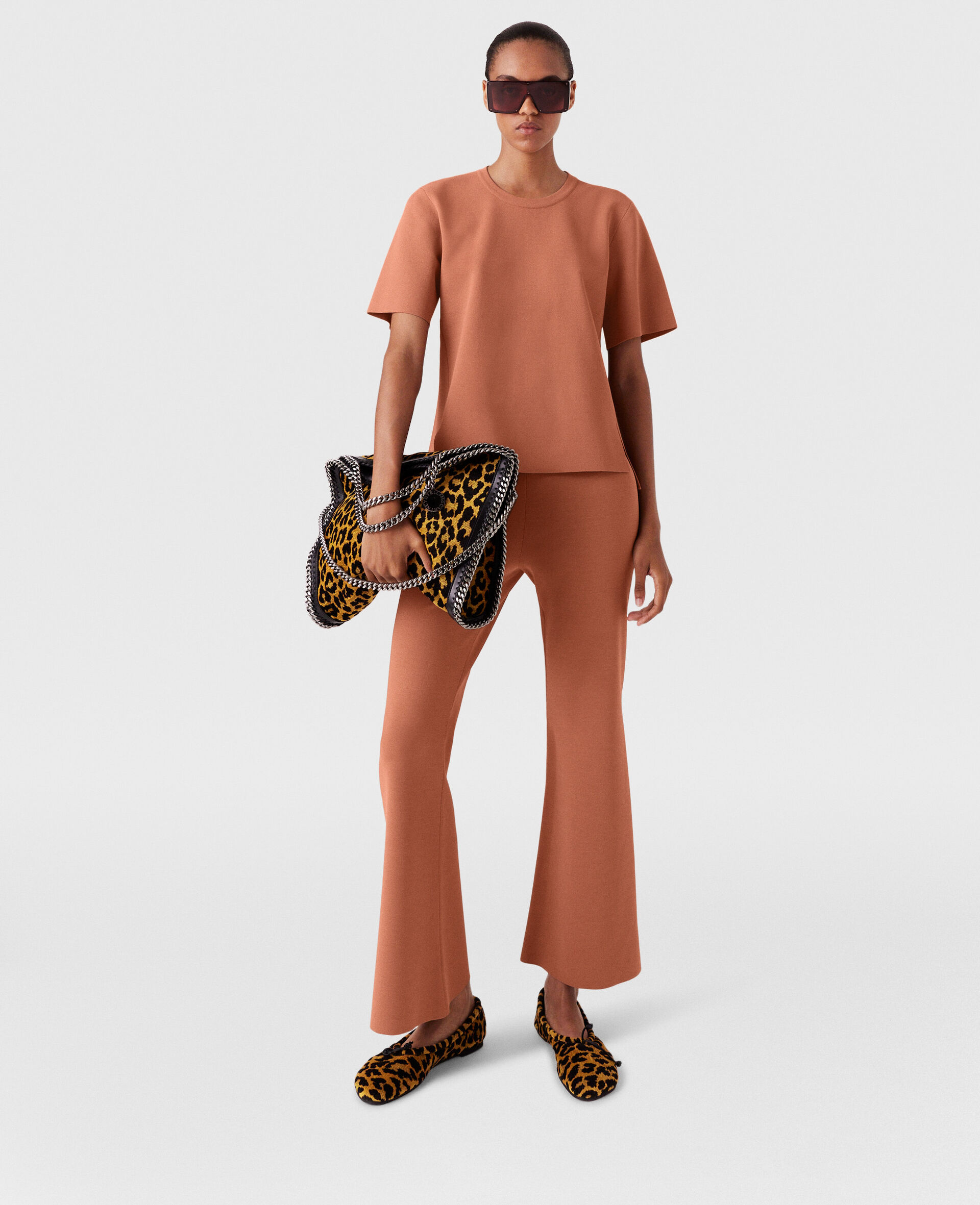 Compact Knit Flared Pants-Pink-model