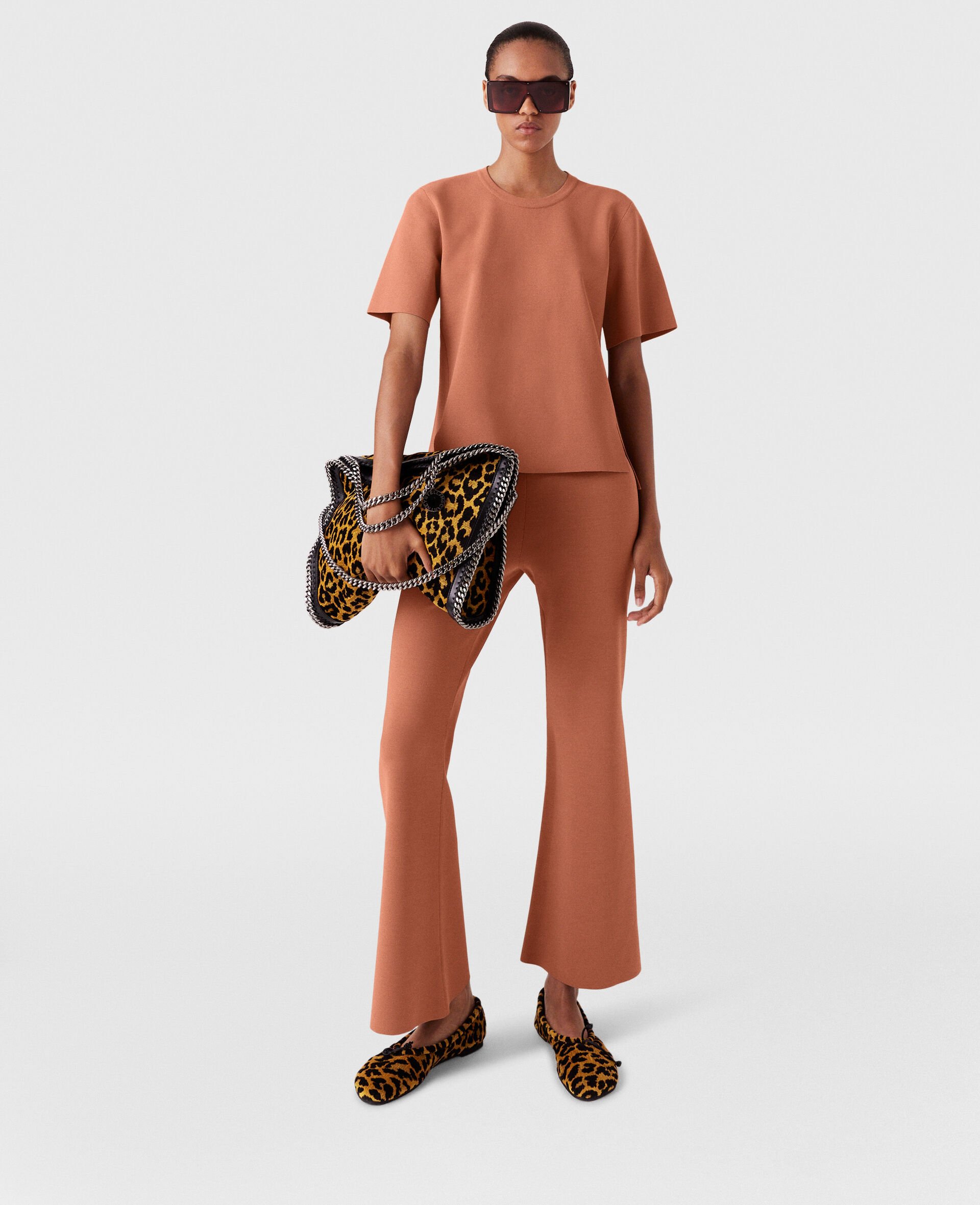Compact Knit Flared Trousers-Cream-model Compact Knit Flared Trousers-Cream-model