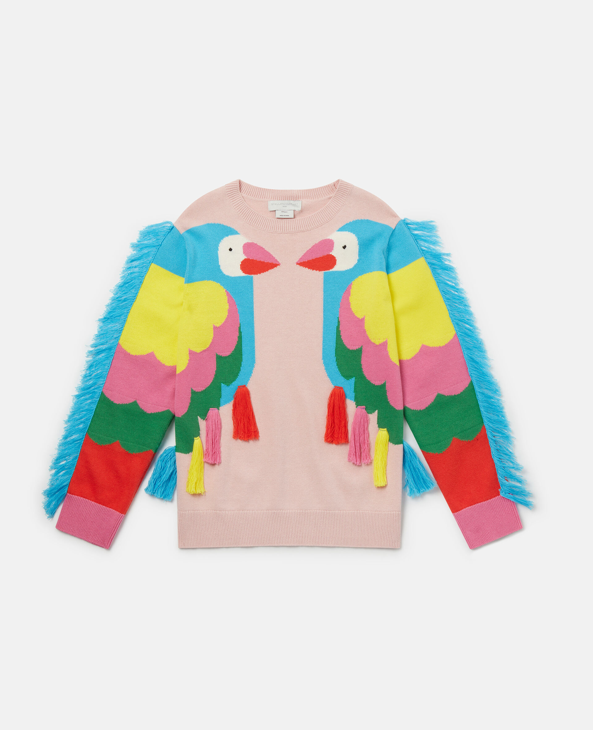 Double Parrot Intarsia Knit Fringed Jumper-Pink-large image number 0