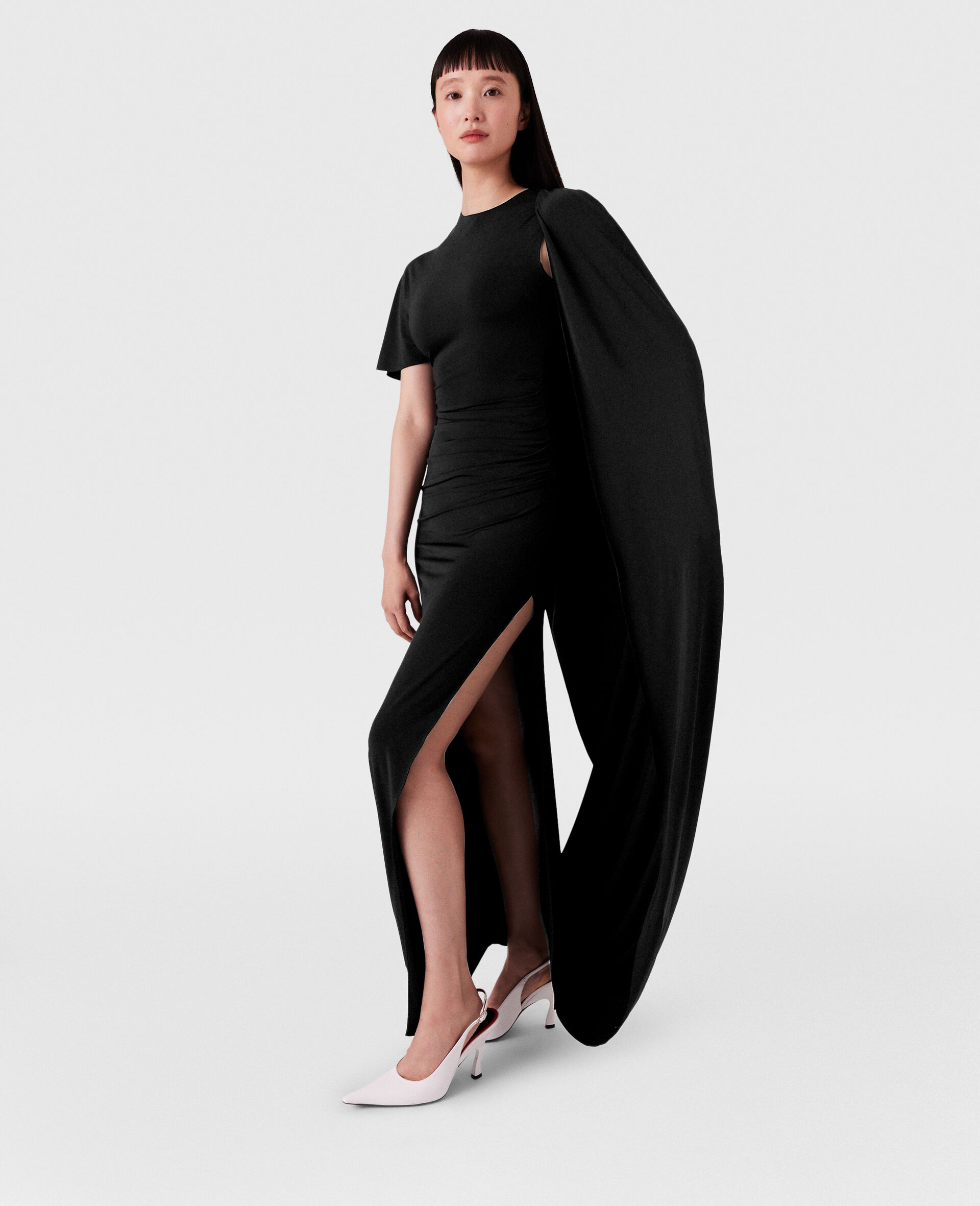 Asymmetric Cape Maxi Dress-Black-large image number 2