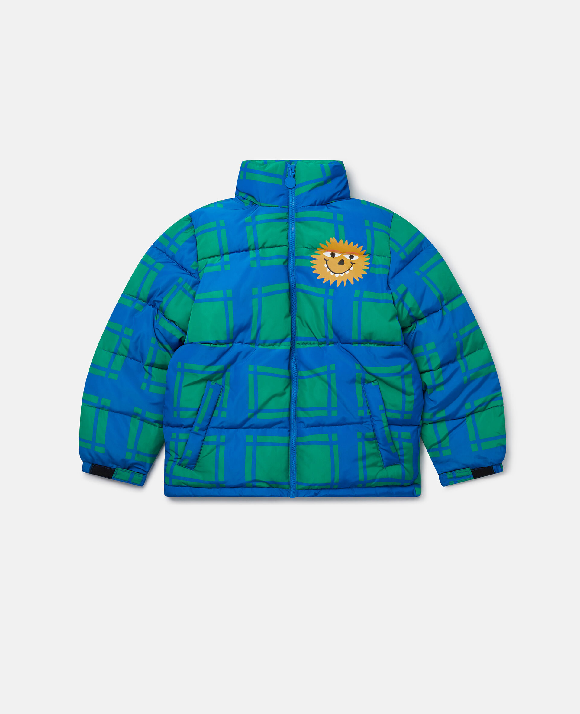 Sunshine Face Checked Puffer Coat-Blue-large image number 0