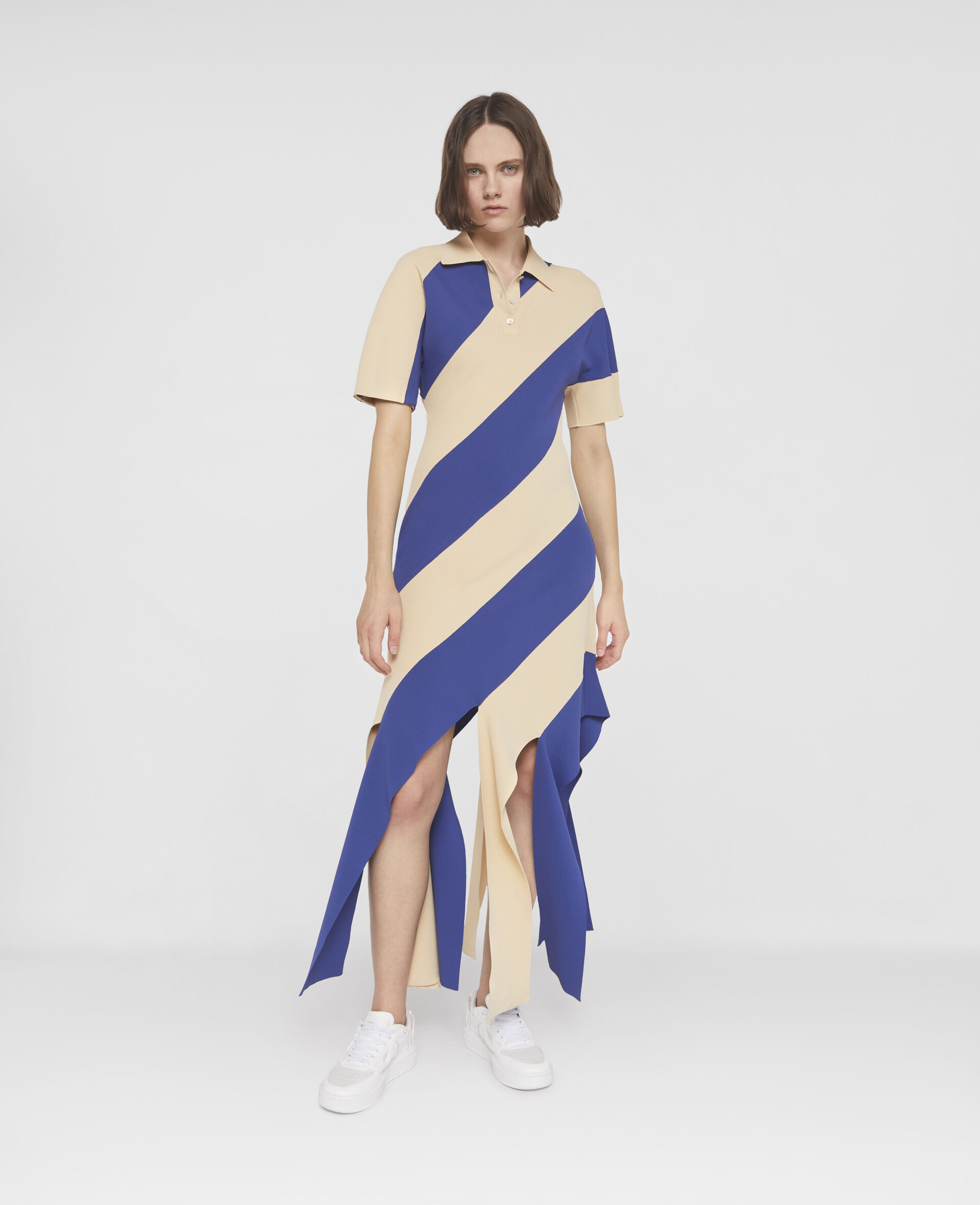 Striped Compact Knit Polo Dress-Multicolour-large image number 1