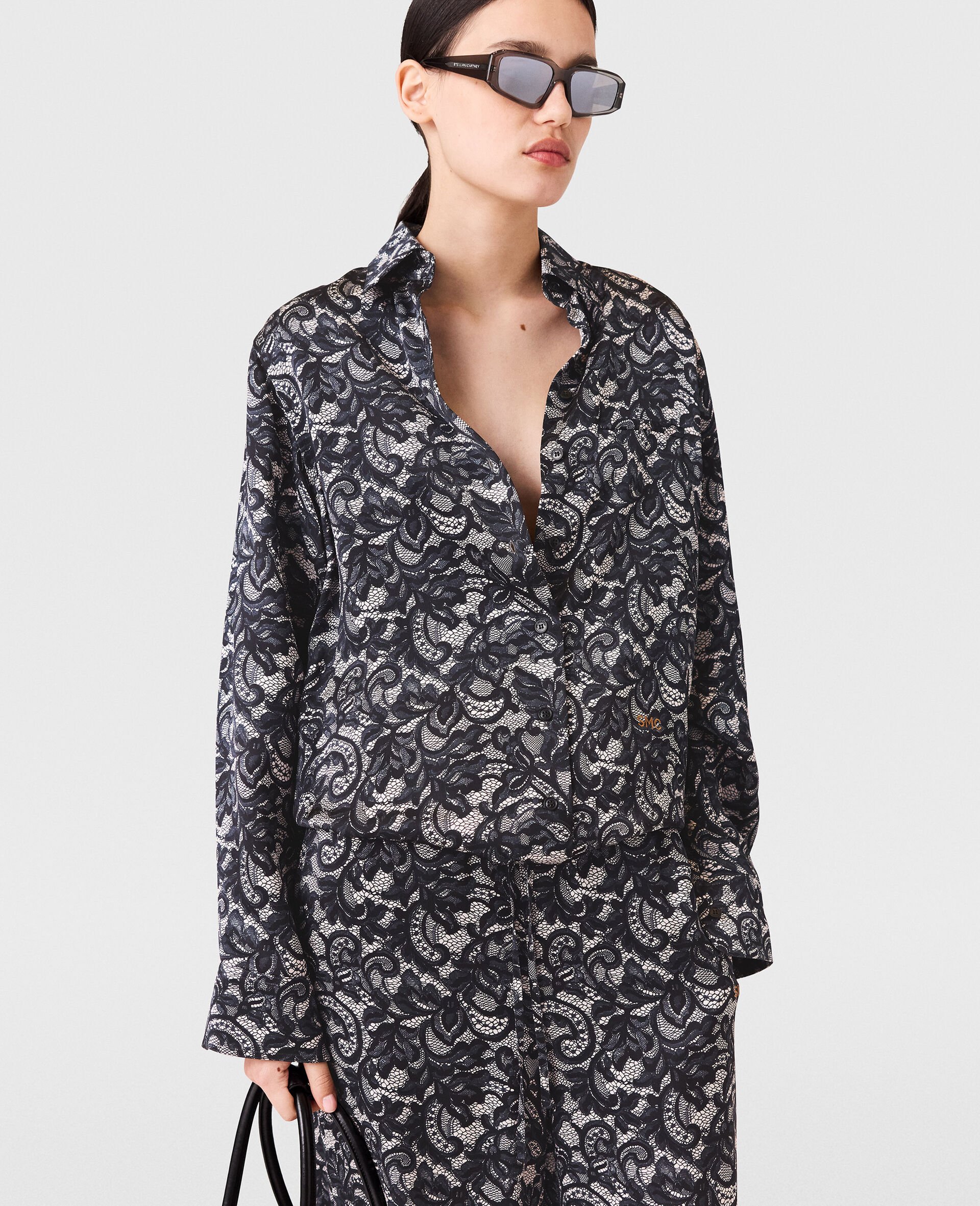 Lace Print Oversized Shirt-Black-model