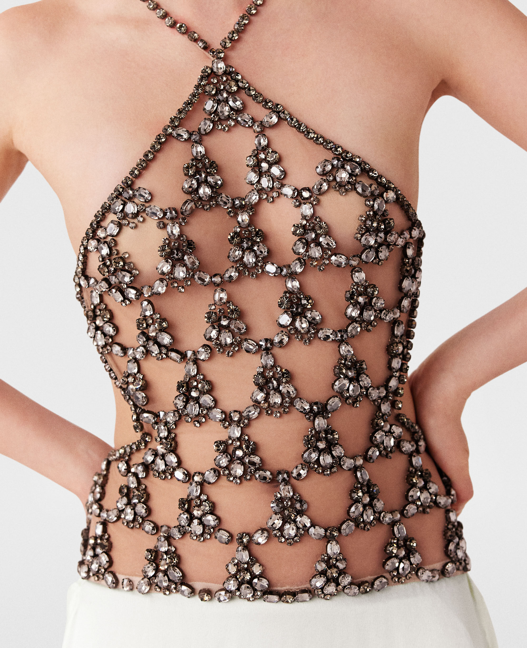 Women Silver and pure white Crystal Cage Halterneck Maxi Women Silver and pure white Crystal Cage Halterneck Maxi