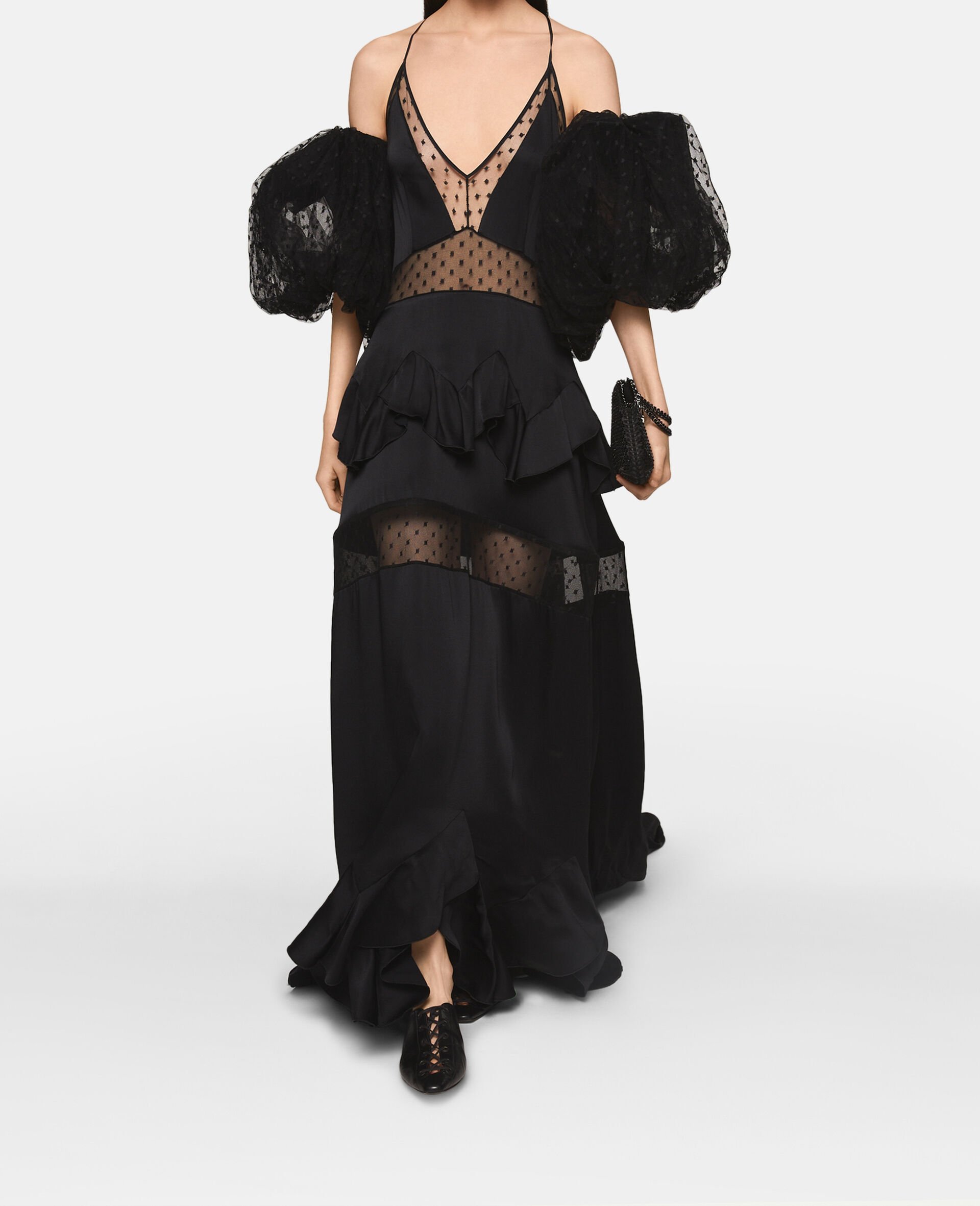 Puff Sleeve Polka Dot Mesh Maxi Dress-Black-large image number 1