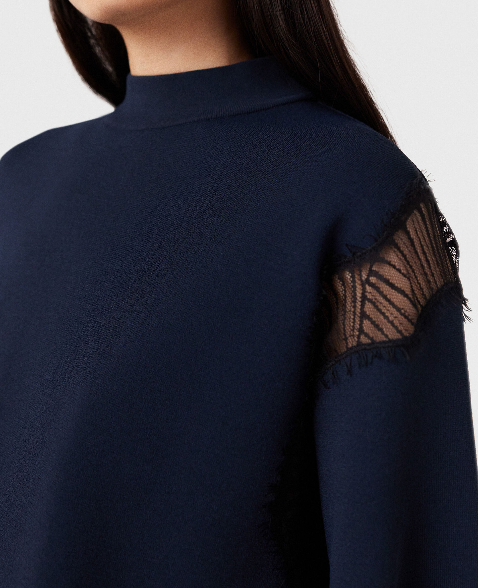 Lace Insert High Neck Top-Blue-large image number 3