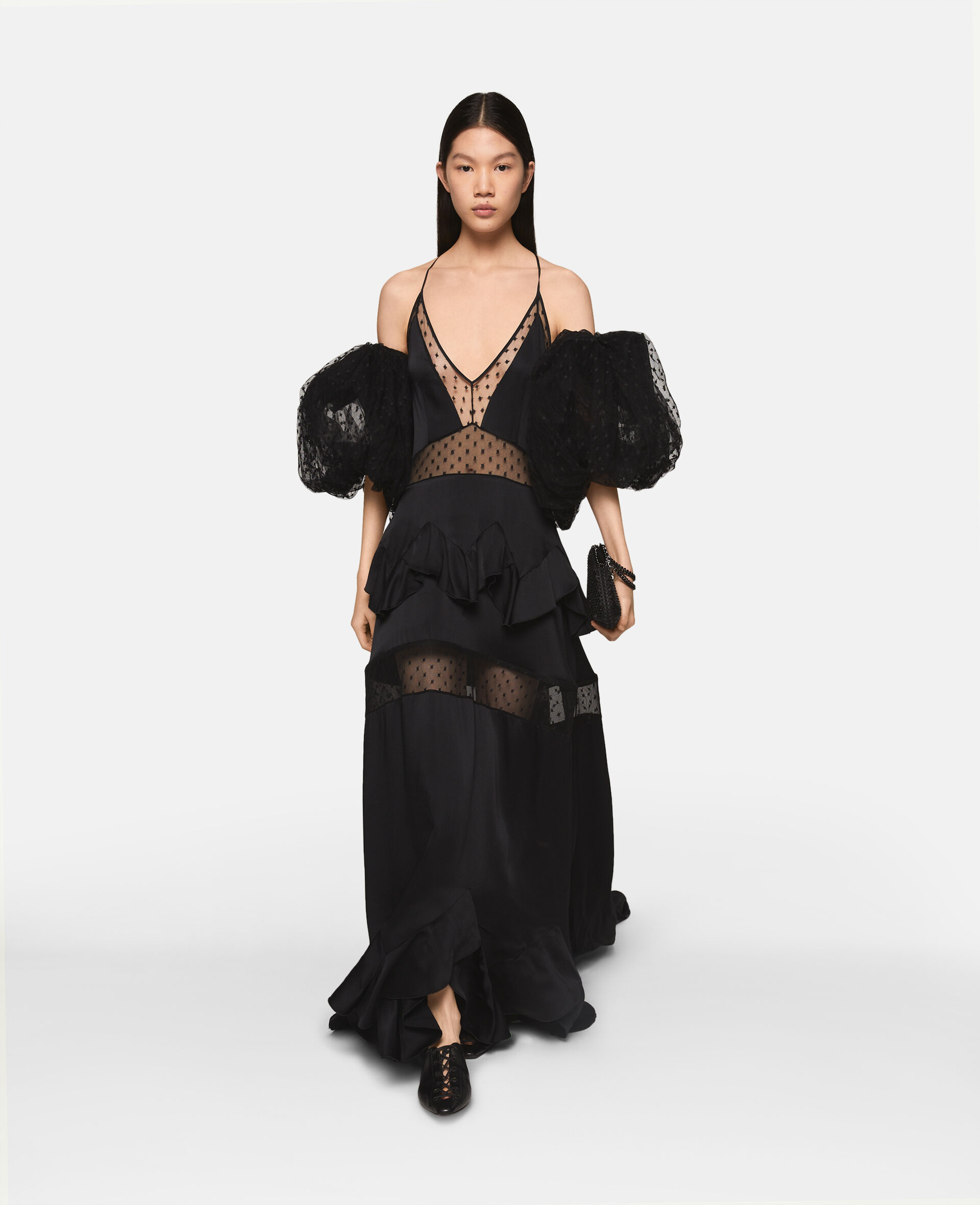 Puff Sleeve Polka Dot Mesh Maxi Dress-Black-model