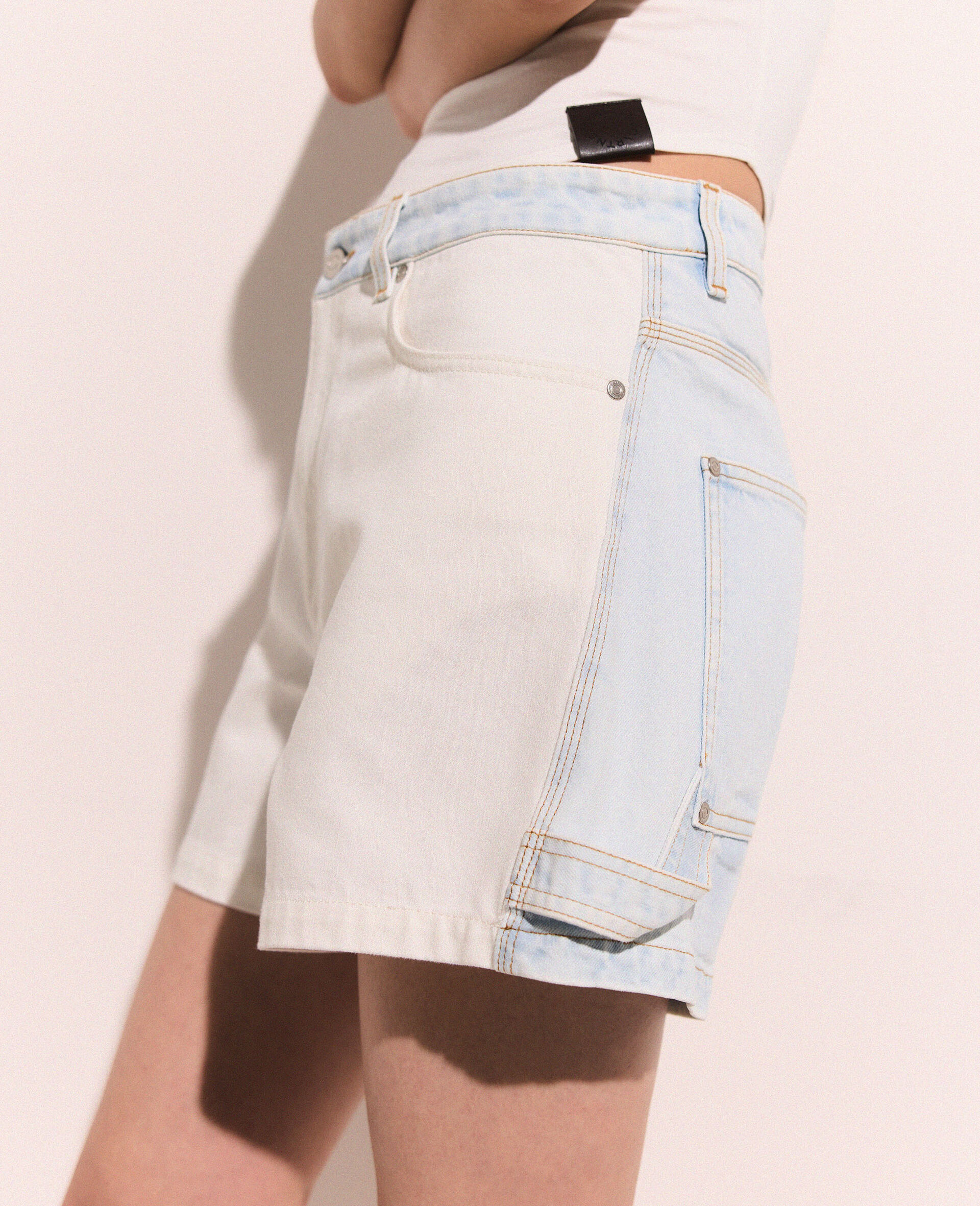Short in Denim con Pannelli-Bianco-large image number 4