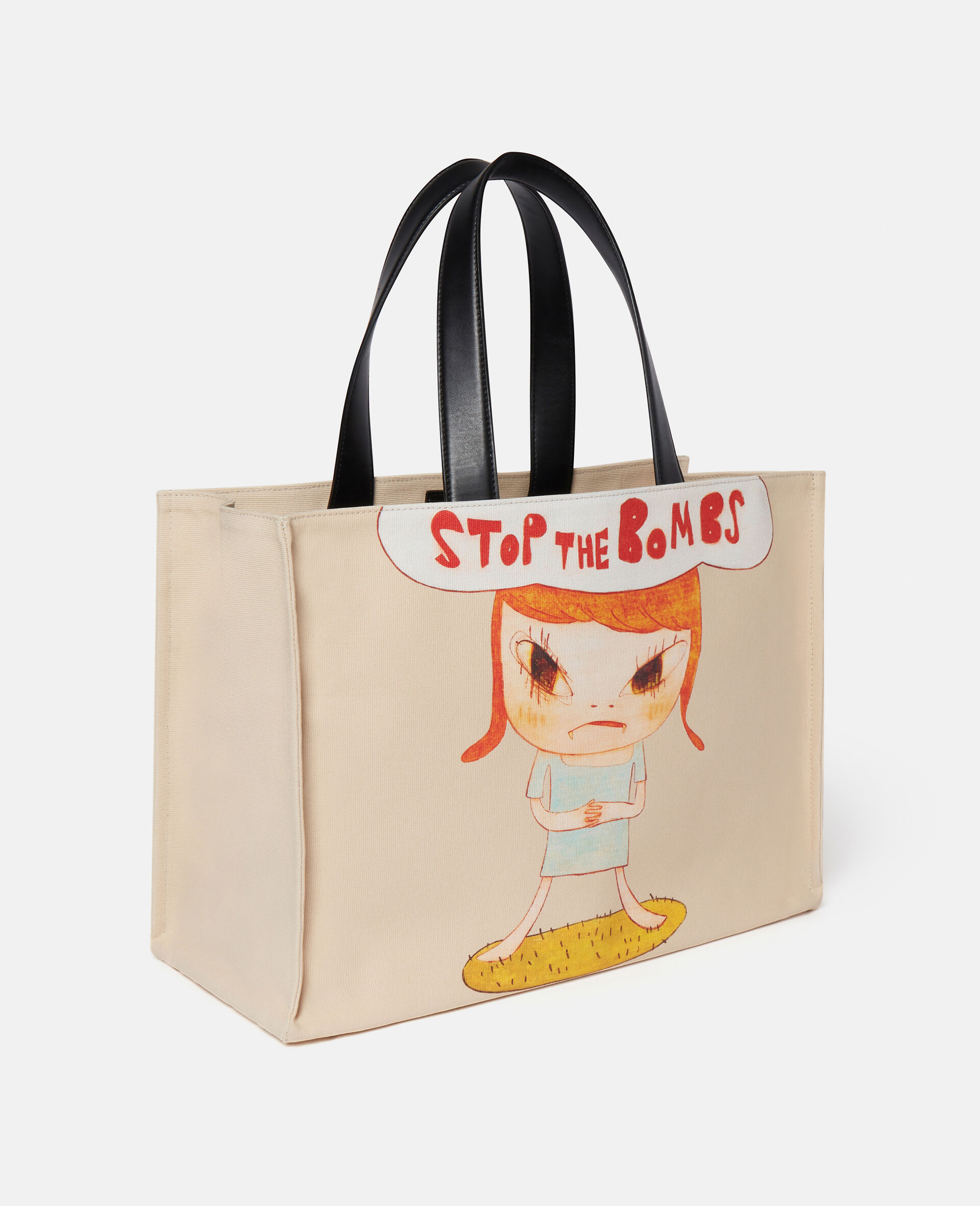 Stop the Bombs Print Cotton Canvas Tote Bag-Beige-large image number 2
