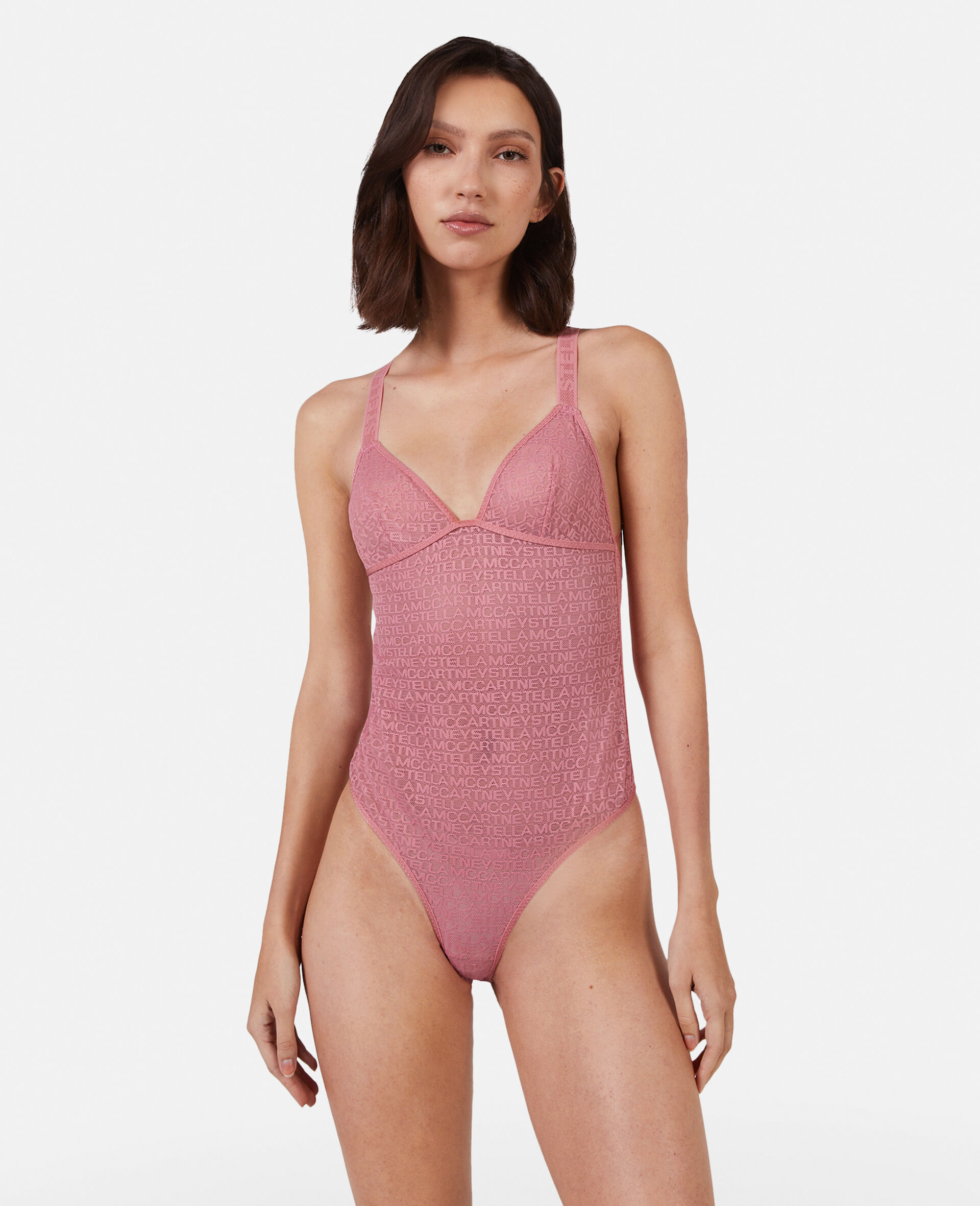 Monogram Mesh Bodysuit-Pink-model
