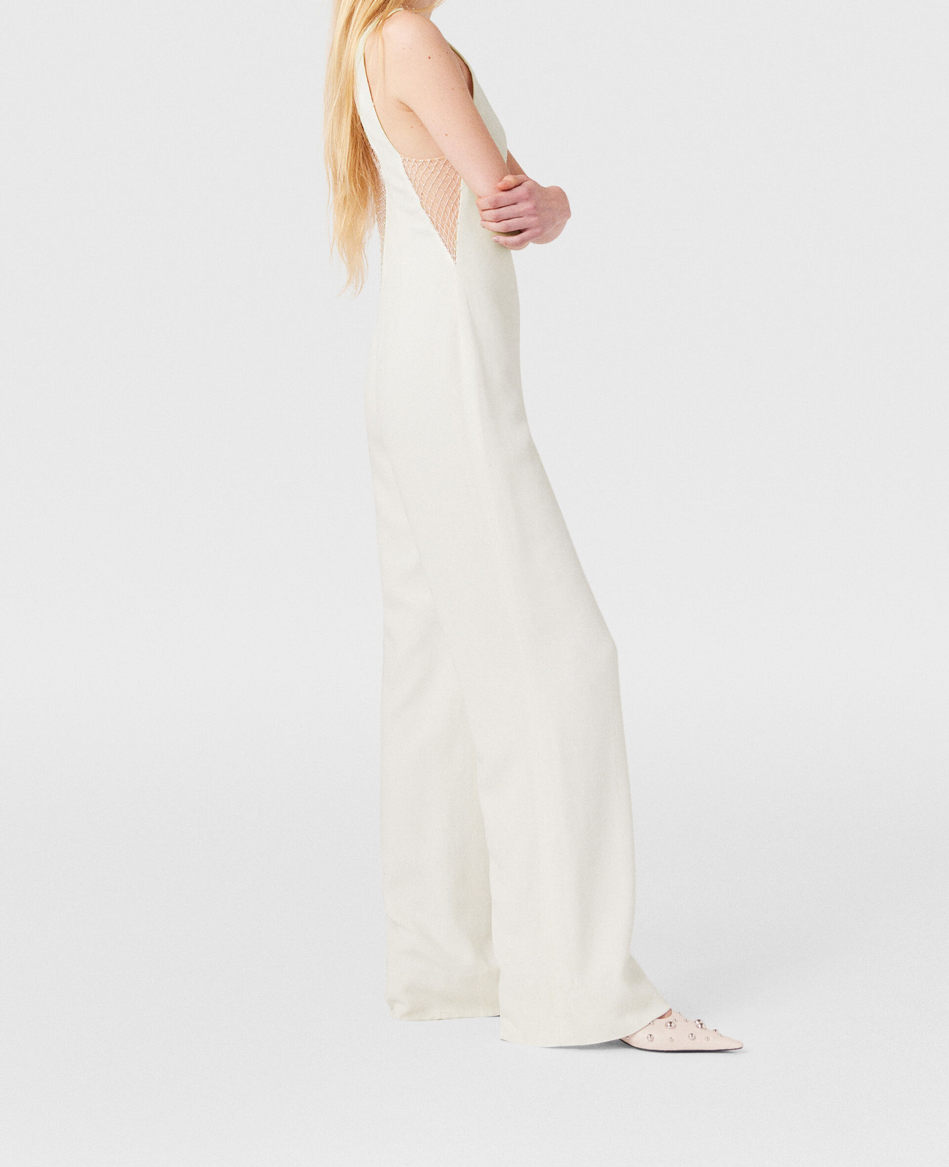 Crystal Mesh Deep V Jumpsuit-White-large image number 2