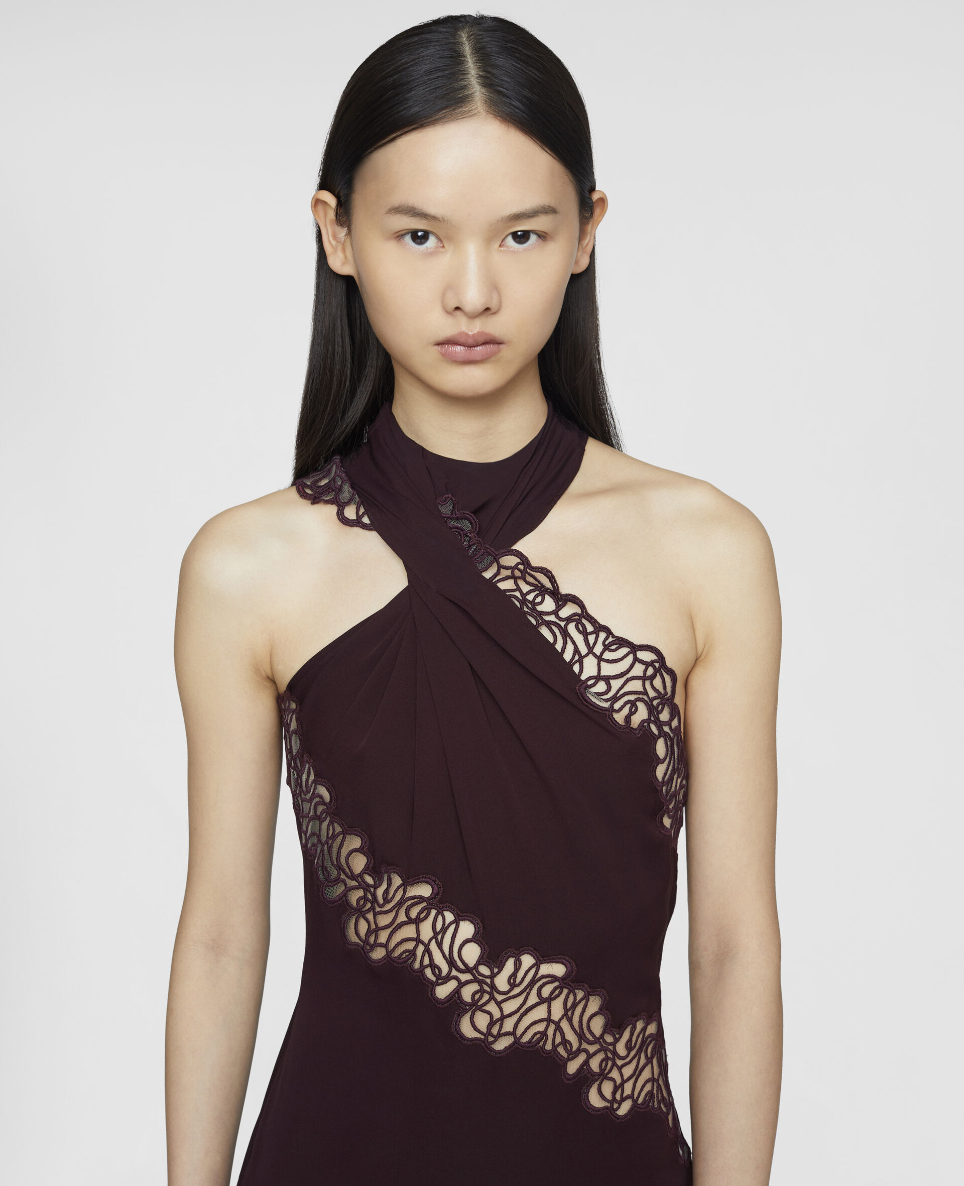 Silk Lace Patchwork Halterneck Dress-Purple-large image number 3