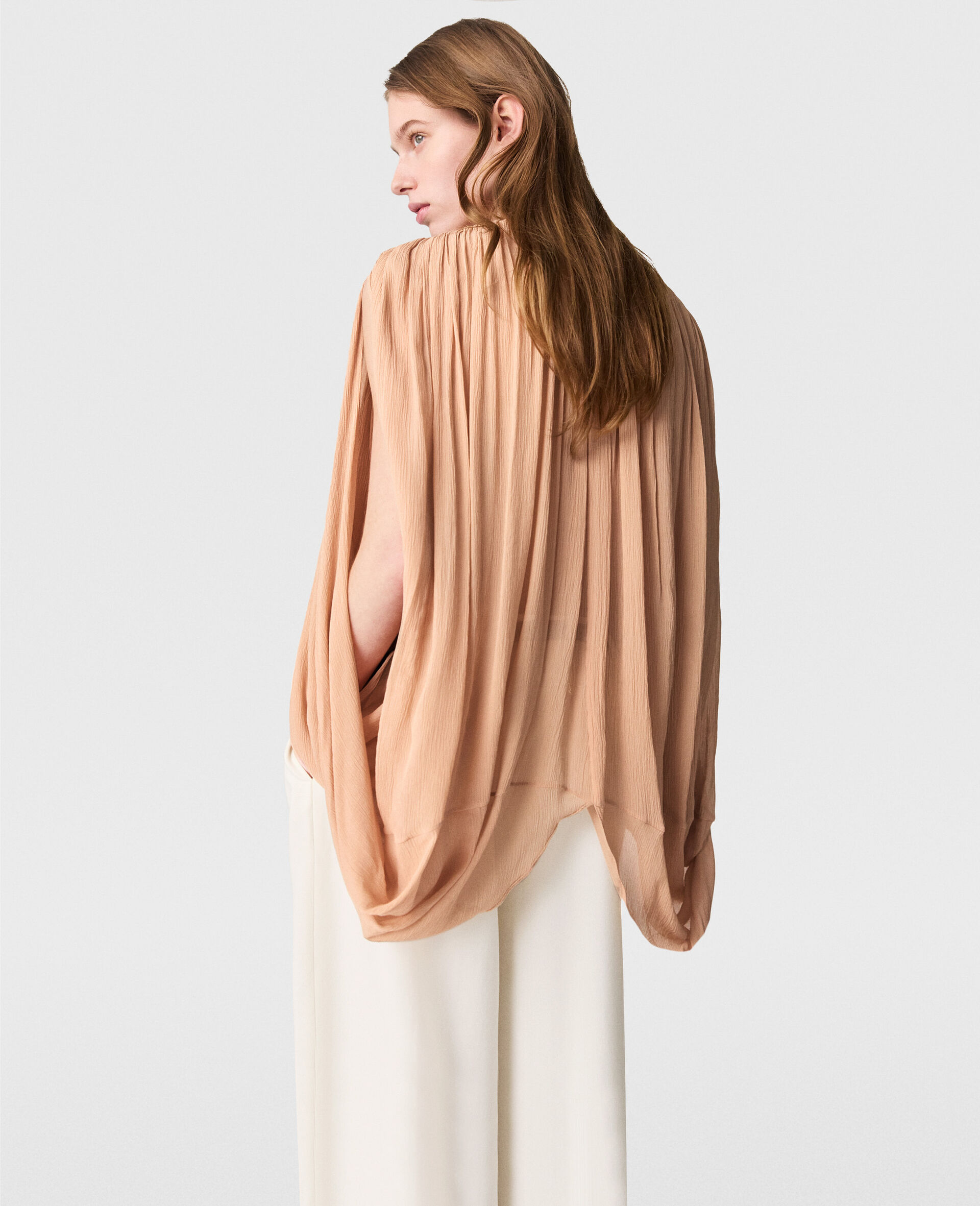 Pleated Cape-Sleeve Top-Beige-large image number 4