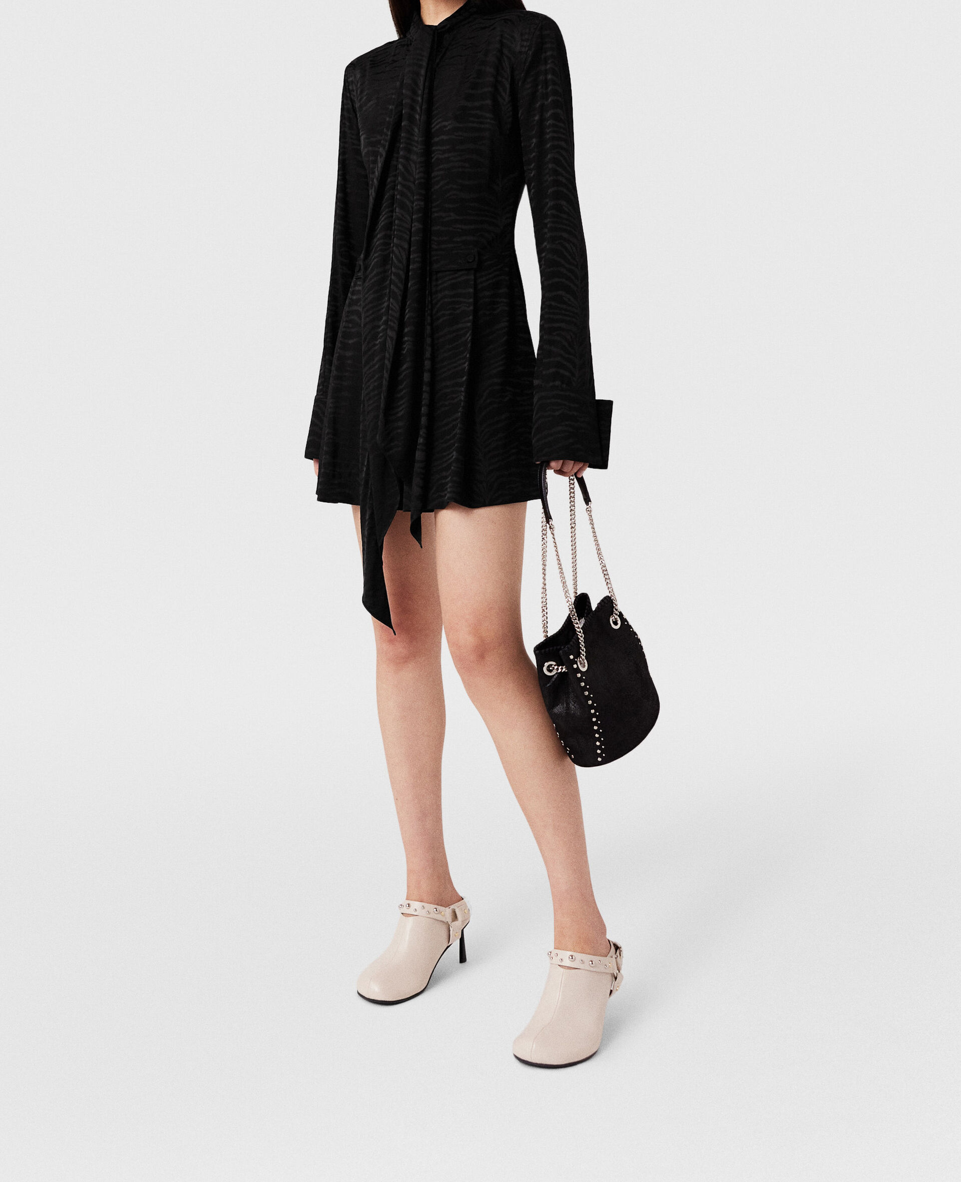 Tiger Print Tie-Neck Midi Dress-Black-large image number 4