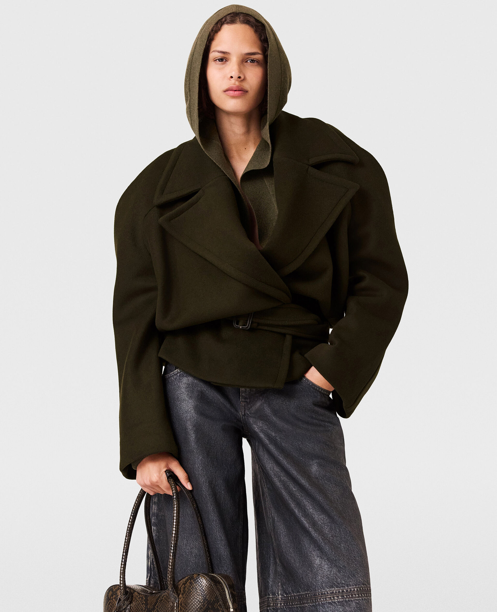 Cropped Belted Trench Jacket-Green-model