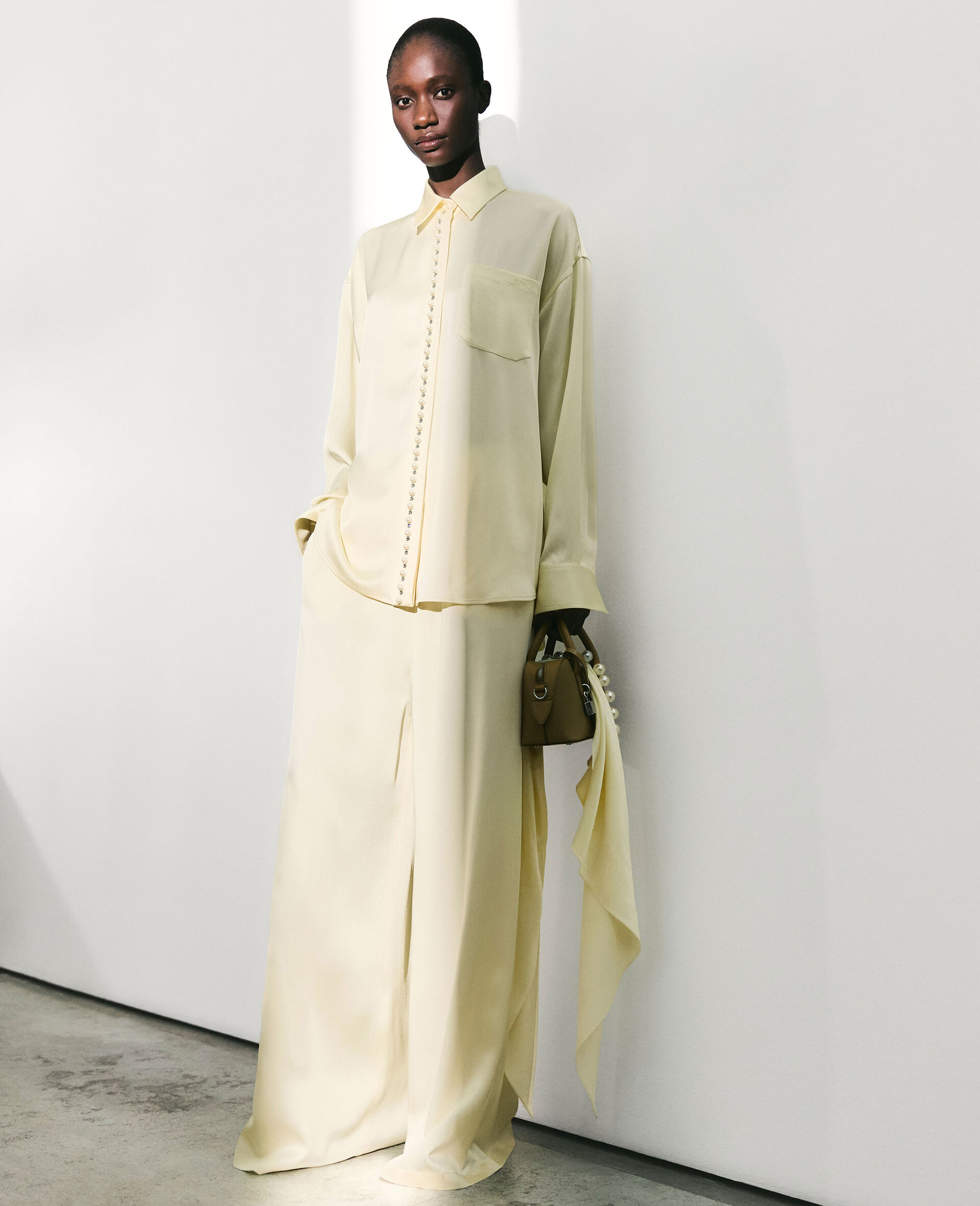 Oversized Pearl-Button Satin Shirt-Yellow-large image number 6