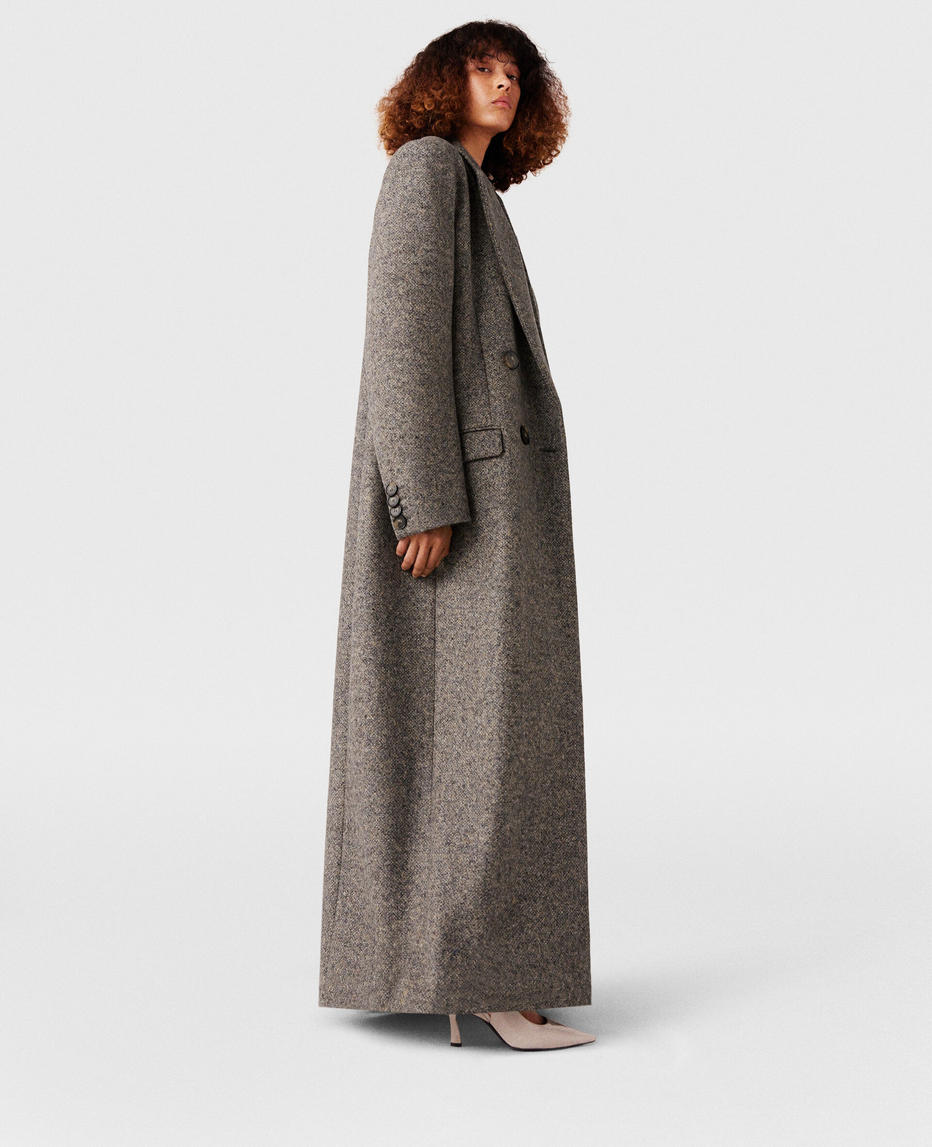 Double-Breasted Tweed Long Coat-Beige-large image number 2