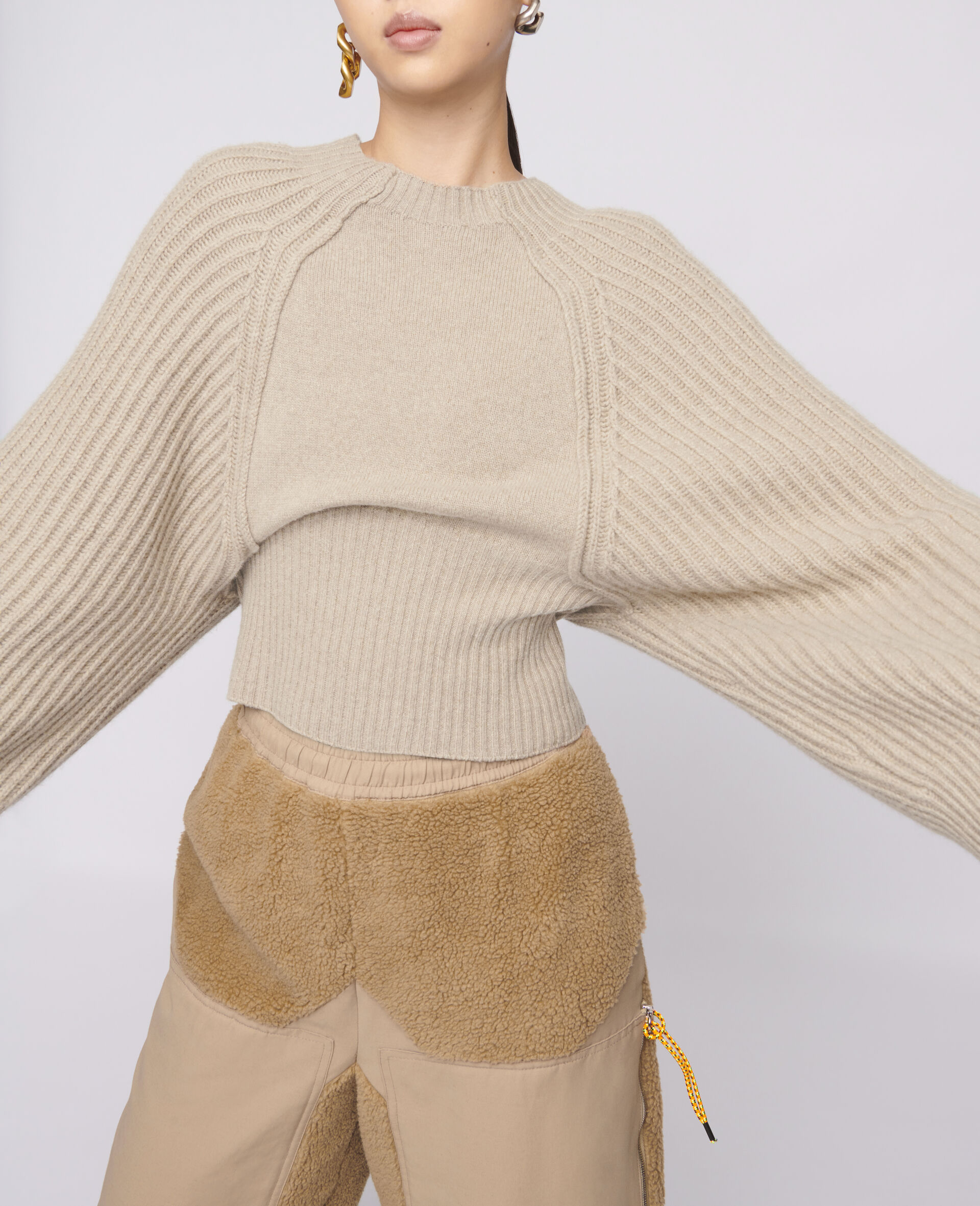 Cropped Knit Sweater -Beige-large image number 3