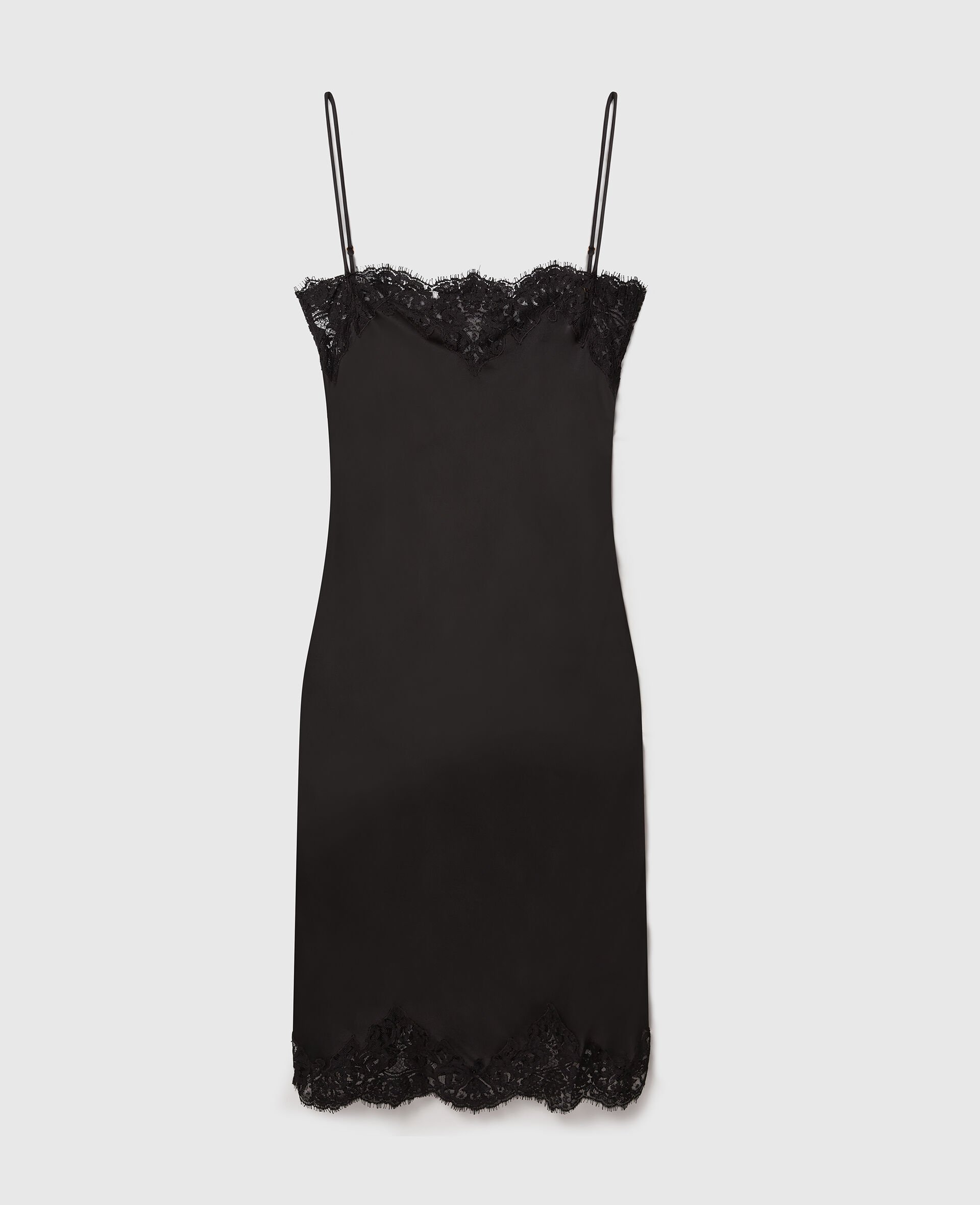 Sleeveless Lace Satin Midi Dress-Black-medium