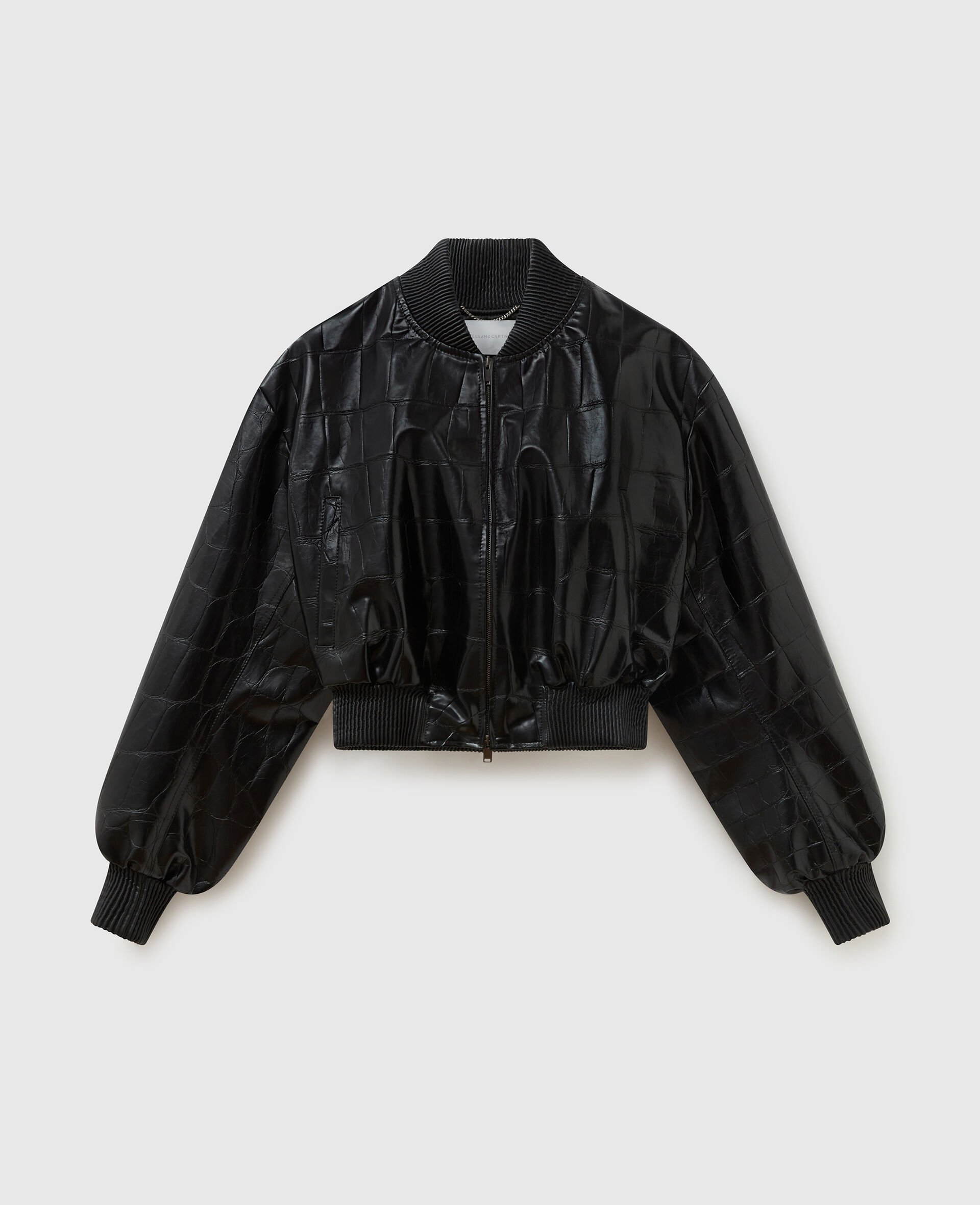 Crocodile-Embossed Cropped Bomber Jacket-Black-large image number 0