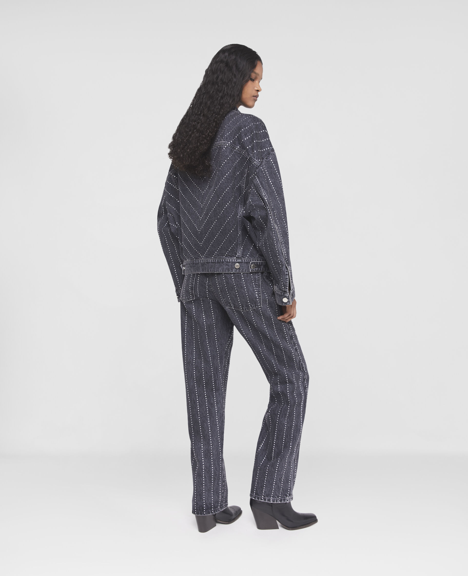 Crystal Pinstripe Oversized Denim Jacket-Black-large image number 2