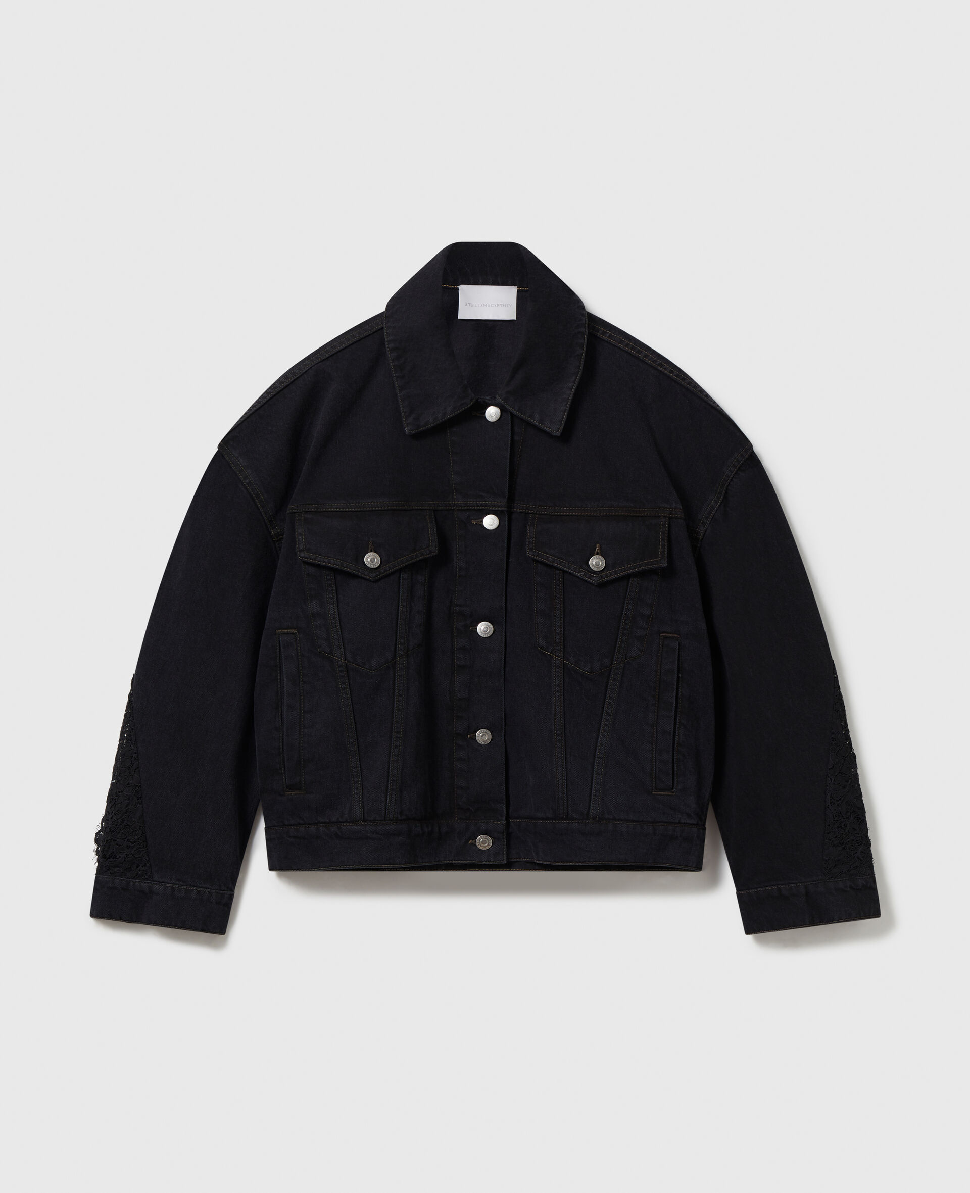 Lace-Insert Paneled Denim Jacket-Black-large image number 0