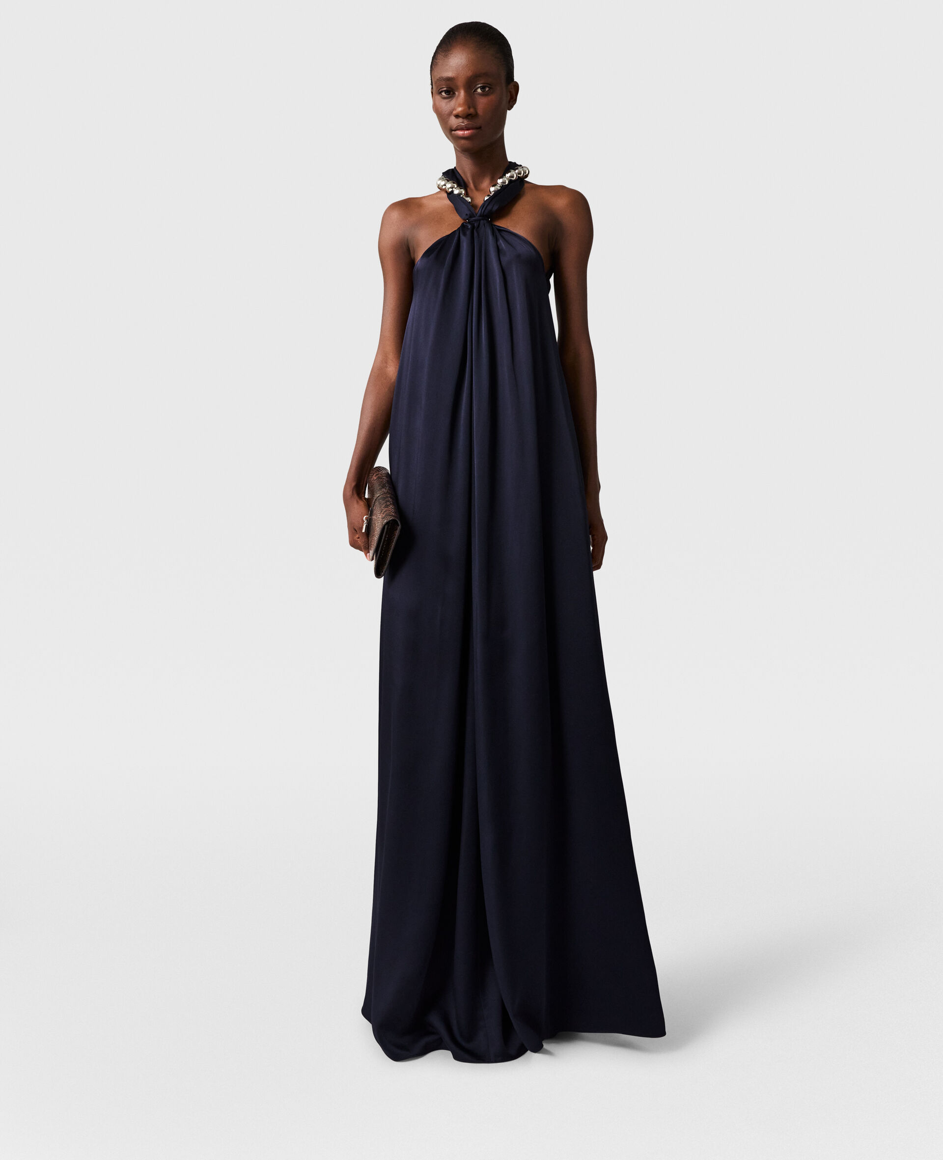 Ball-Chain Halterneck Satin Maxi Dress-Blue-model
