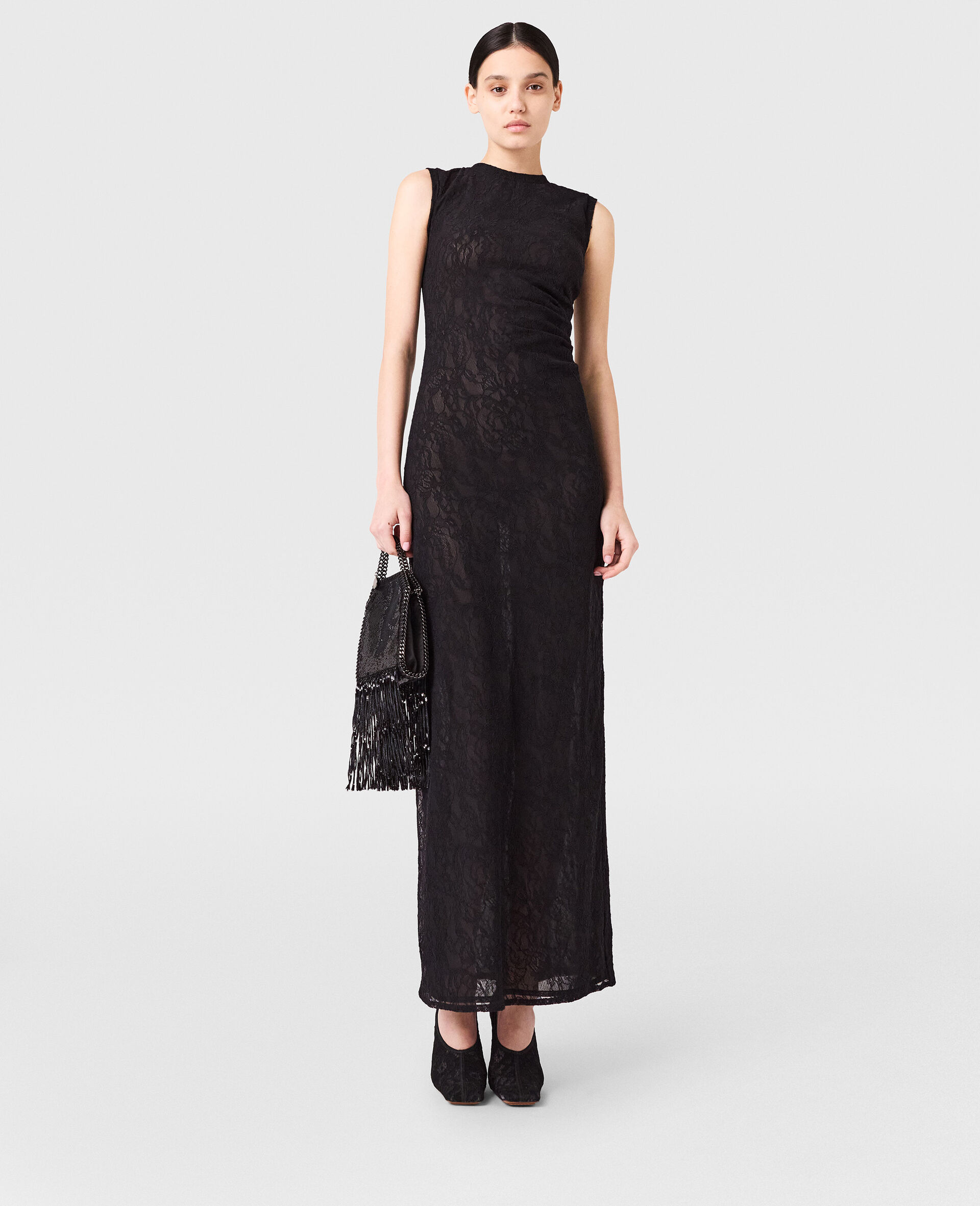 Sleeveless Crewneck Lace Midi Dress-Black-model
