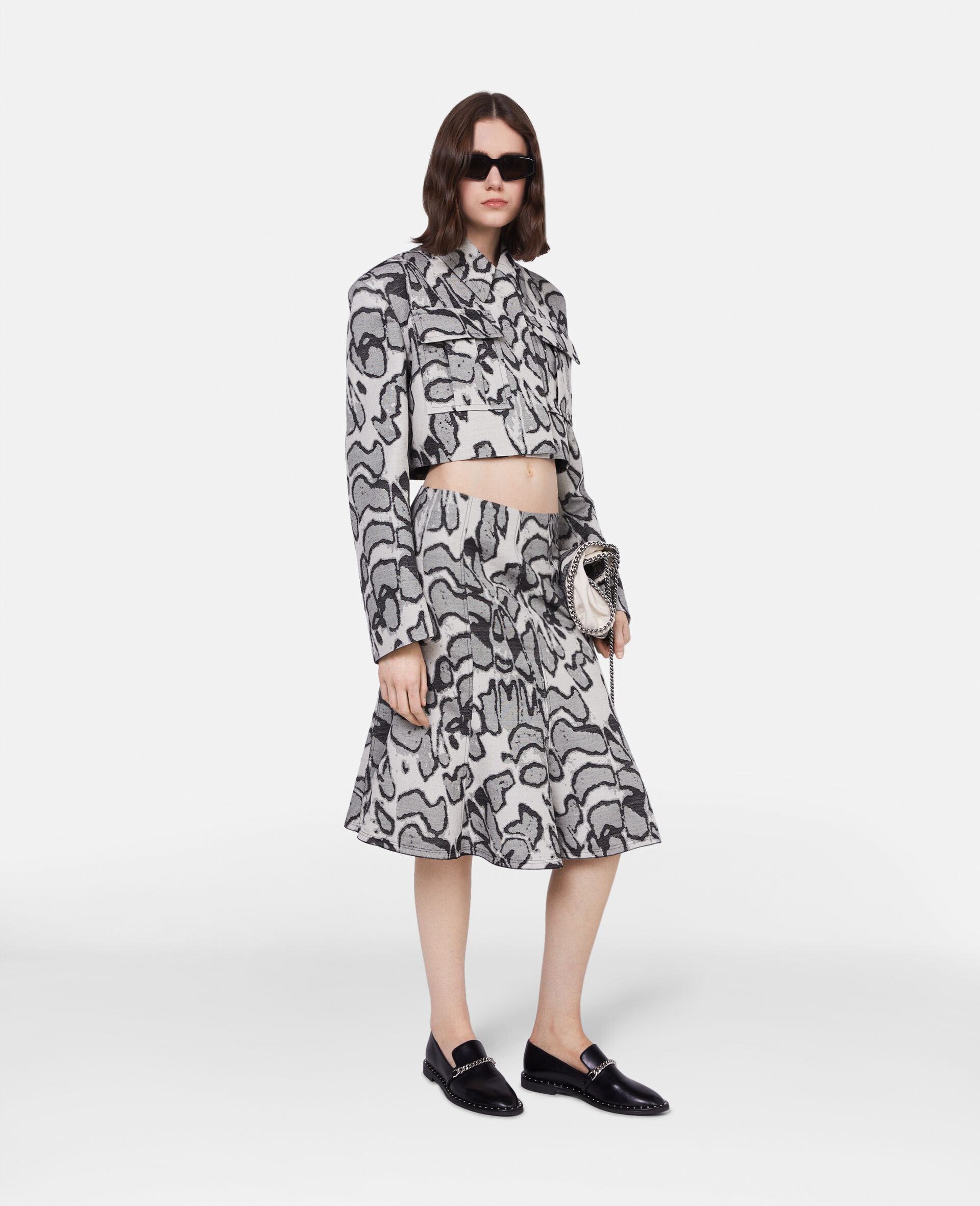 Abstract Moth Jacquard Belted Skirt-Grey-model