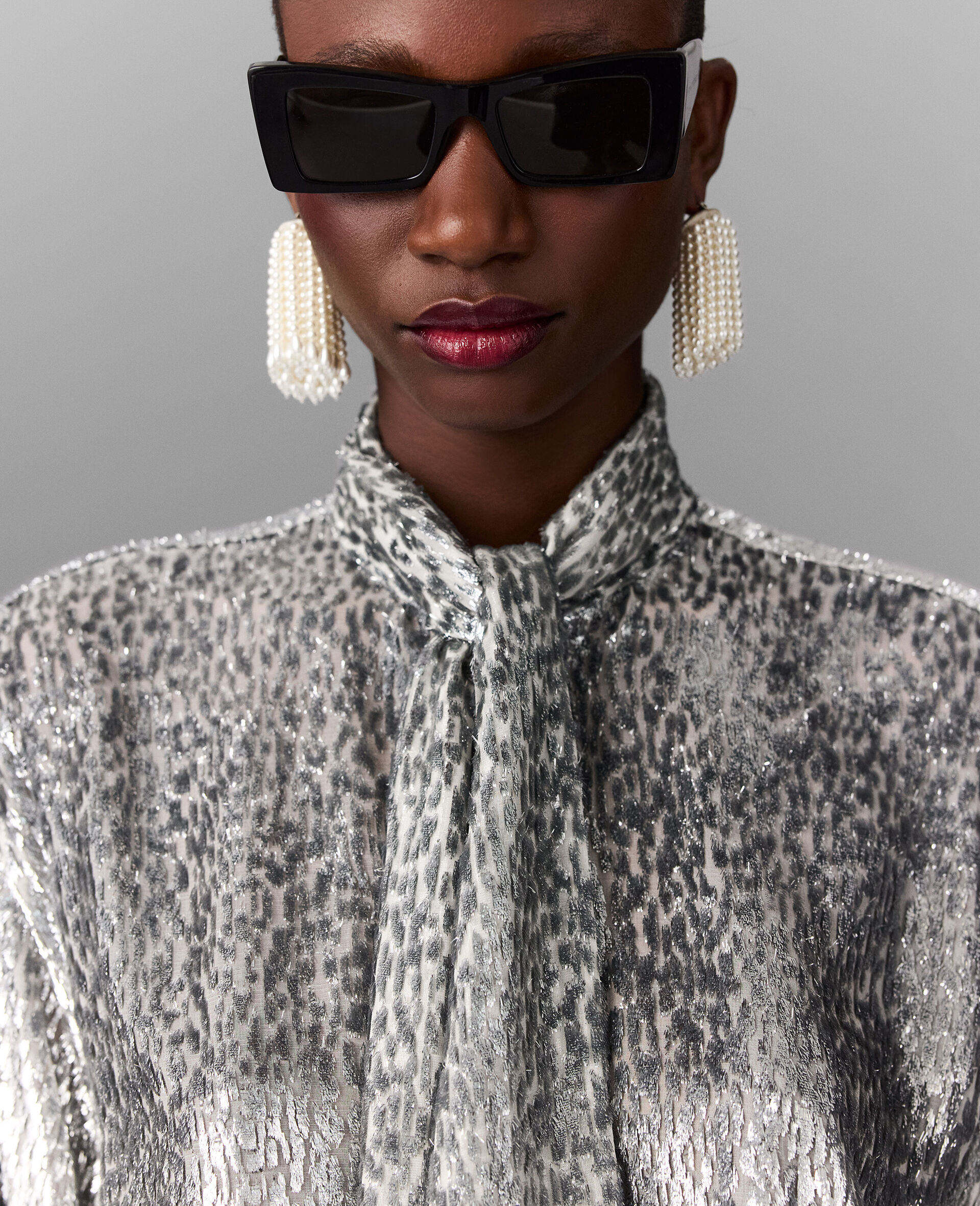 Metallic Velvet Tie-Nneck Shirt-Silver-large image number 2