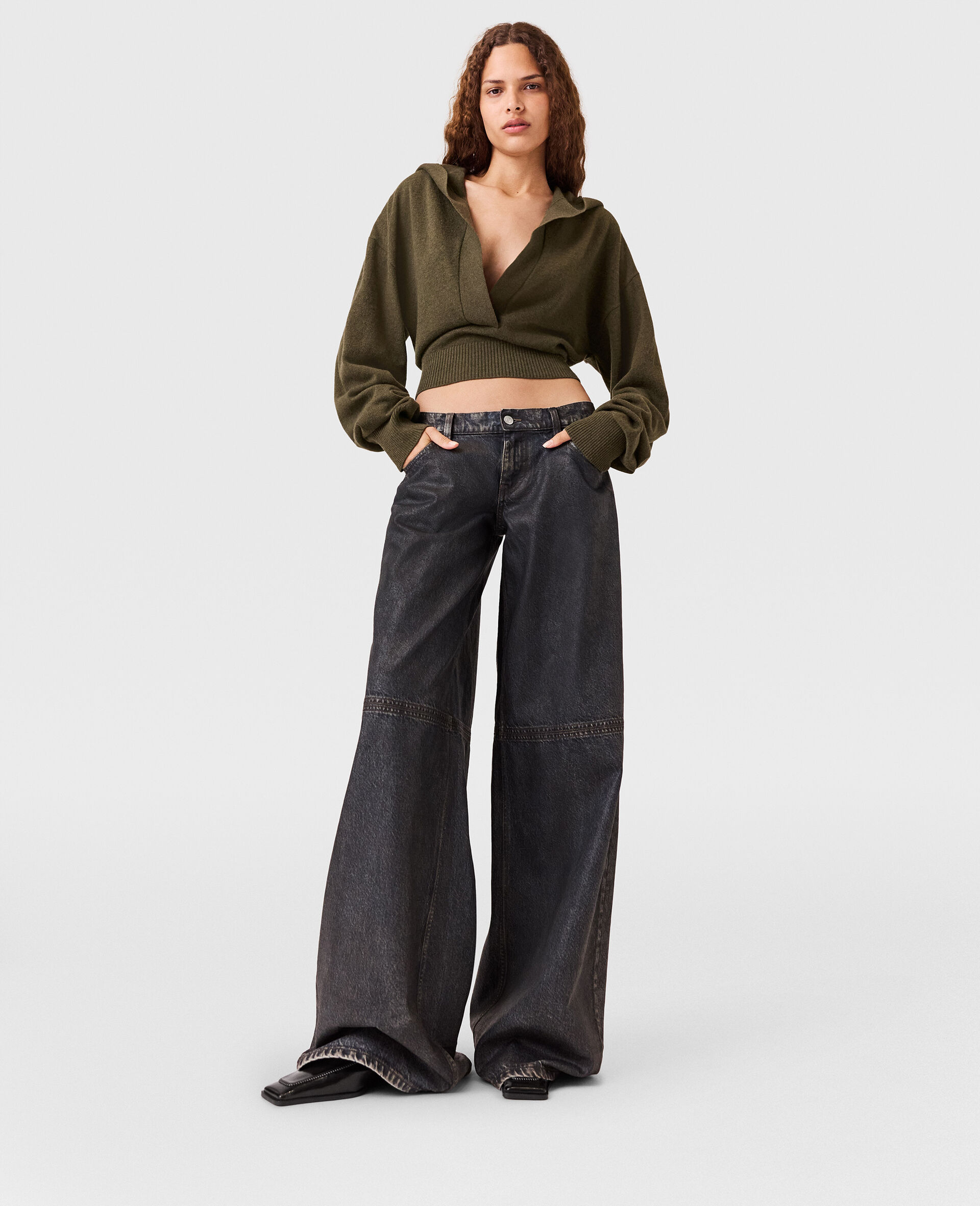 Hooded Long-Sleeve Cropped Sweater-Green-large image number 5