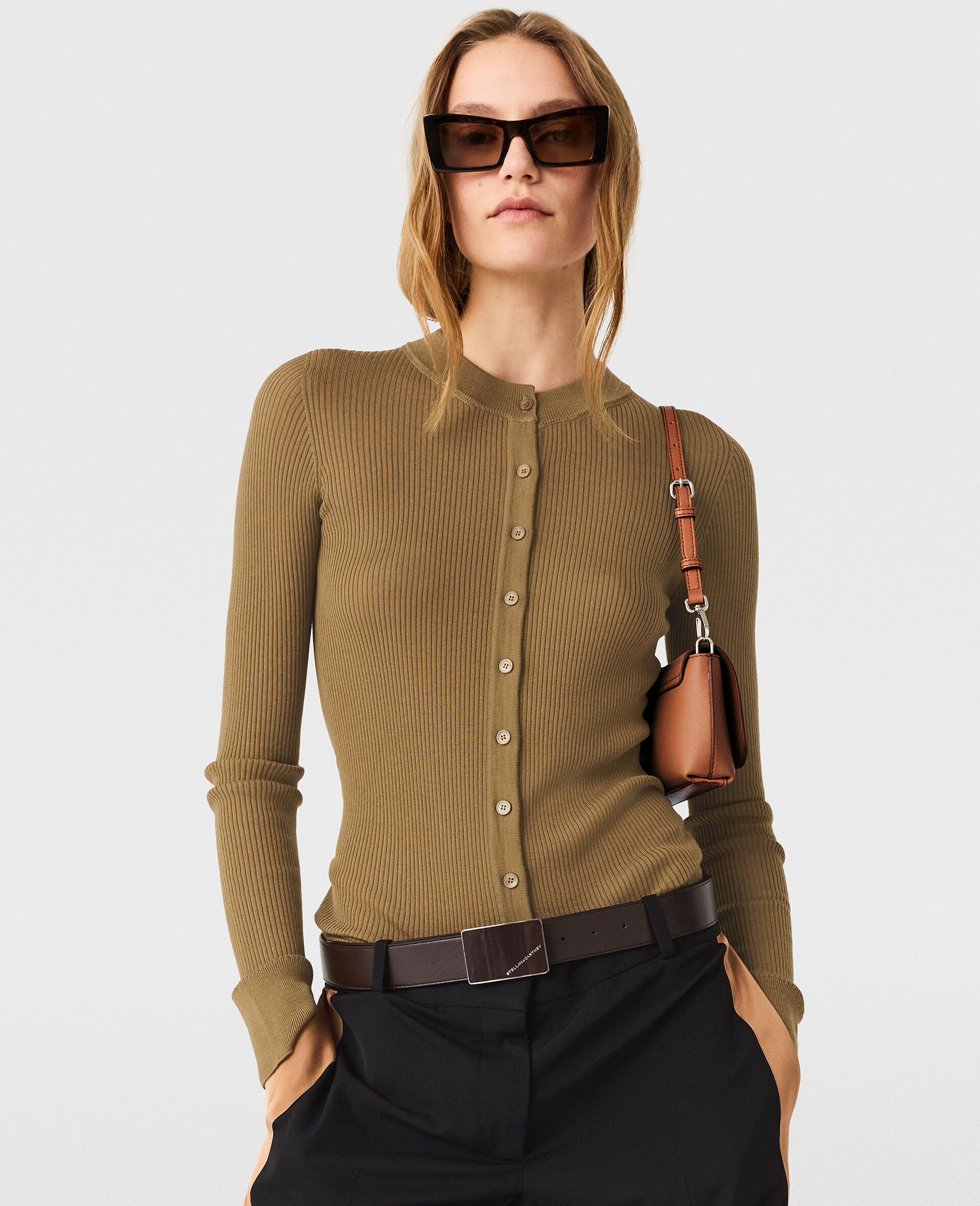 Cardigan a col ras du cou en maille legere-Beige-medium