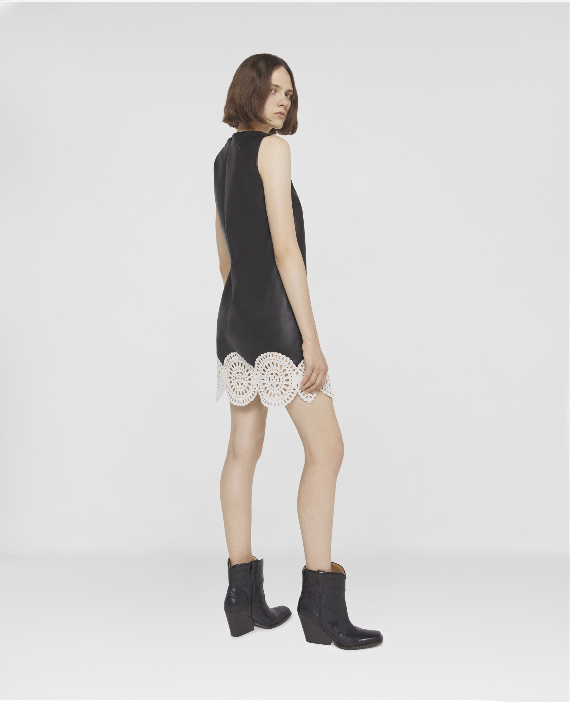 Broderie Anglaise Trim Alter Mat Mini Dress-Black-large image number 2
